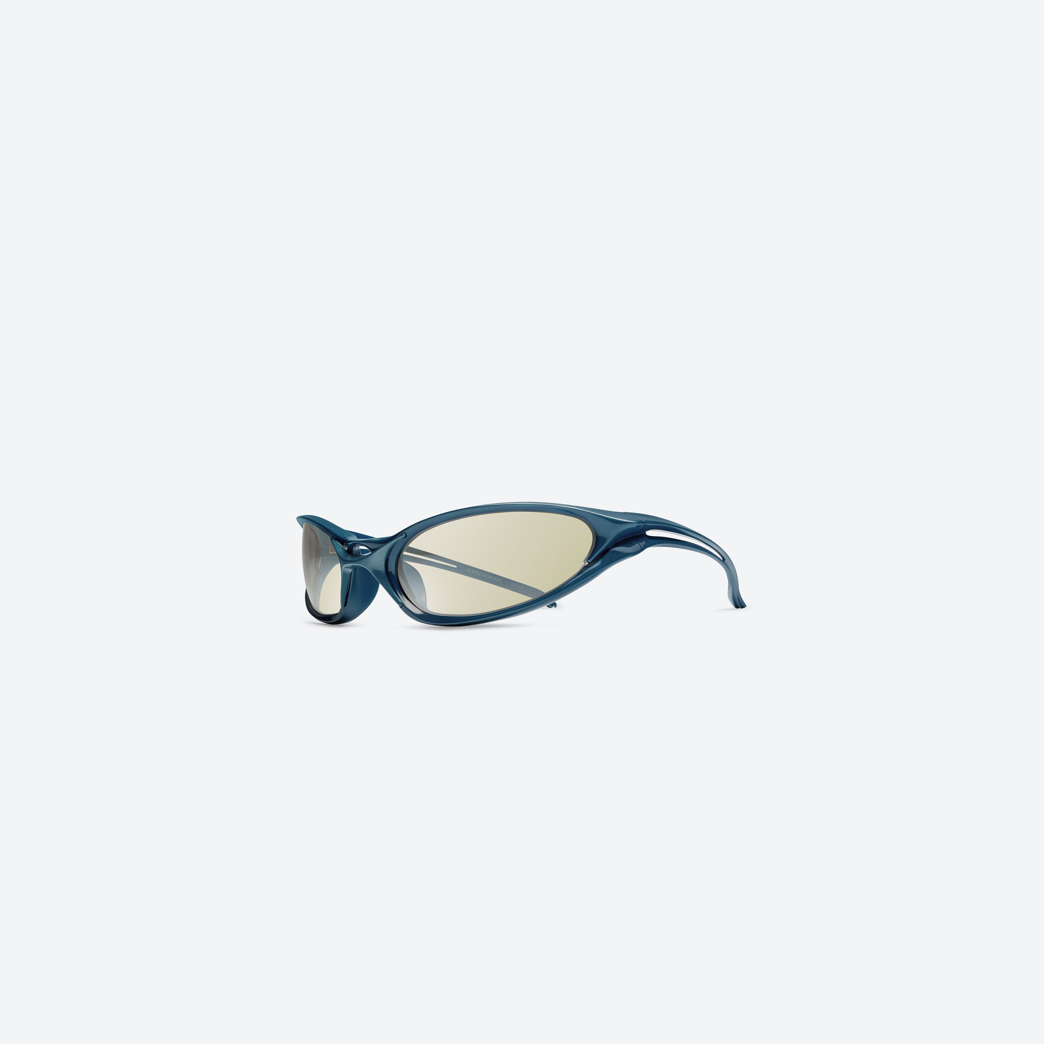 45-degree view of Gentle Monster Species BL7 Blue Nylon framed Wraparound sunglasses.
