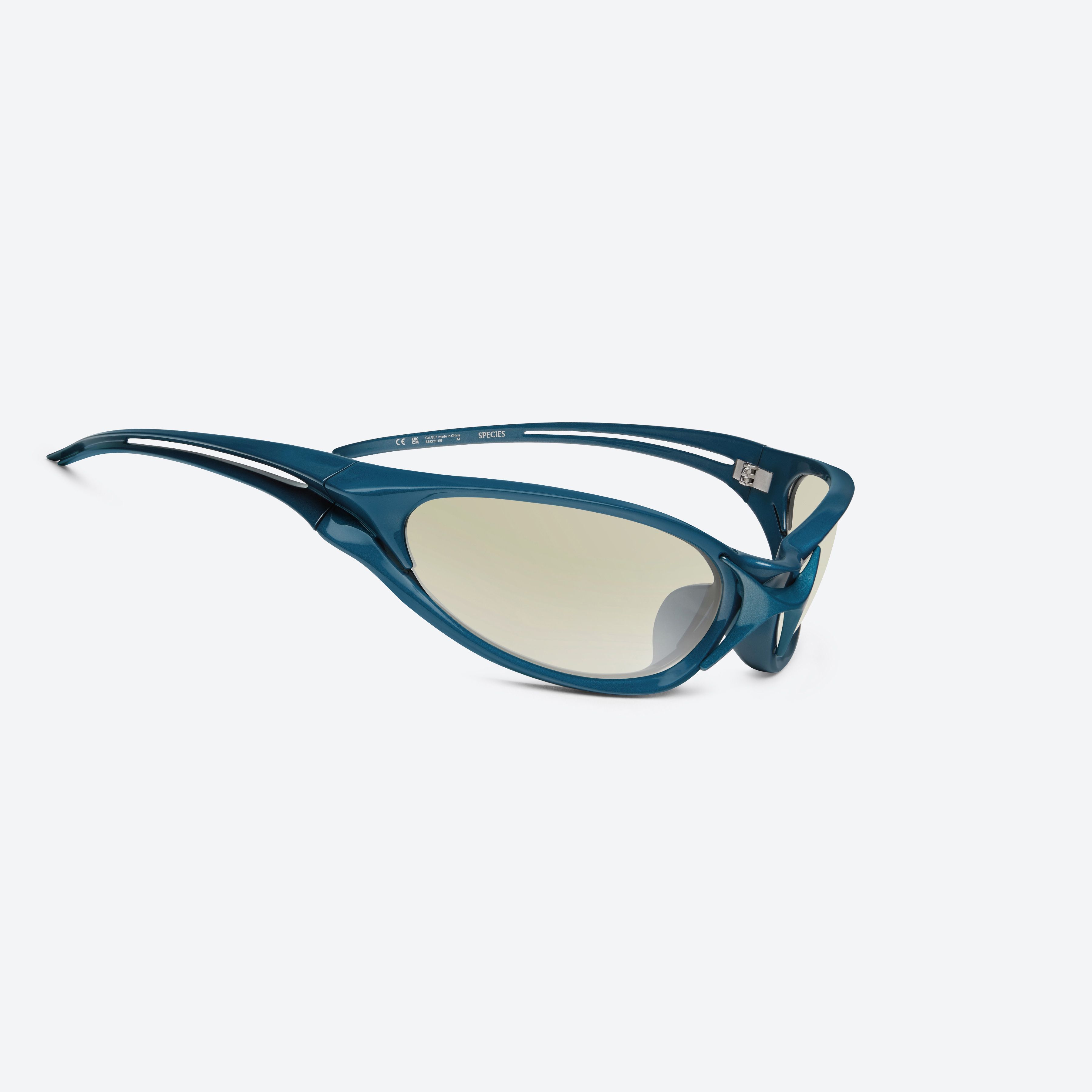 45-degree detailed view of Gentle Monster Species BL7 Blue Nylon framed Wraparound sunglasses.