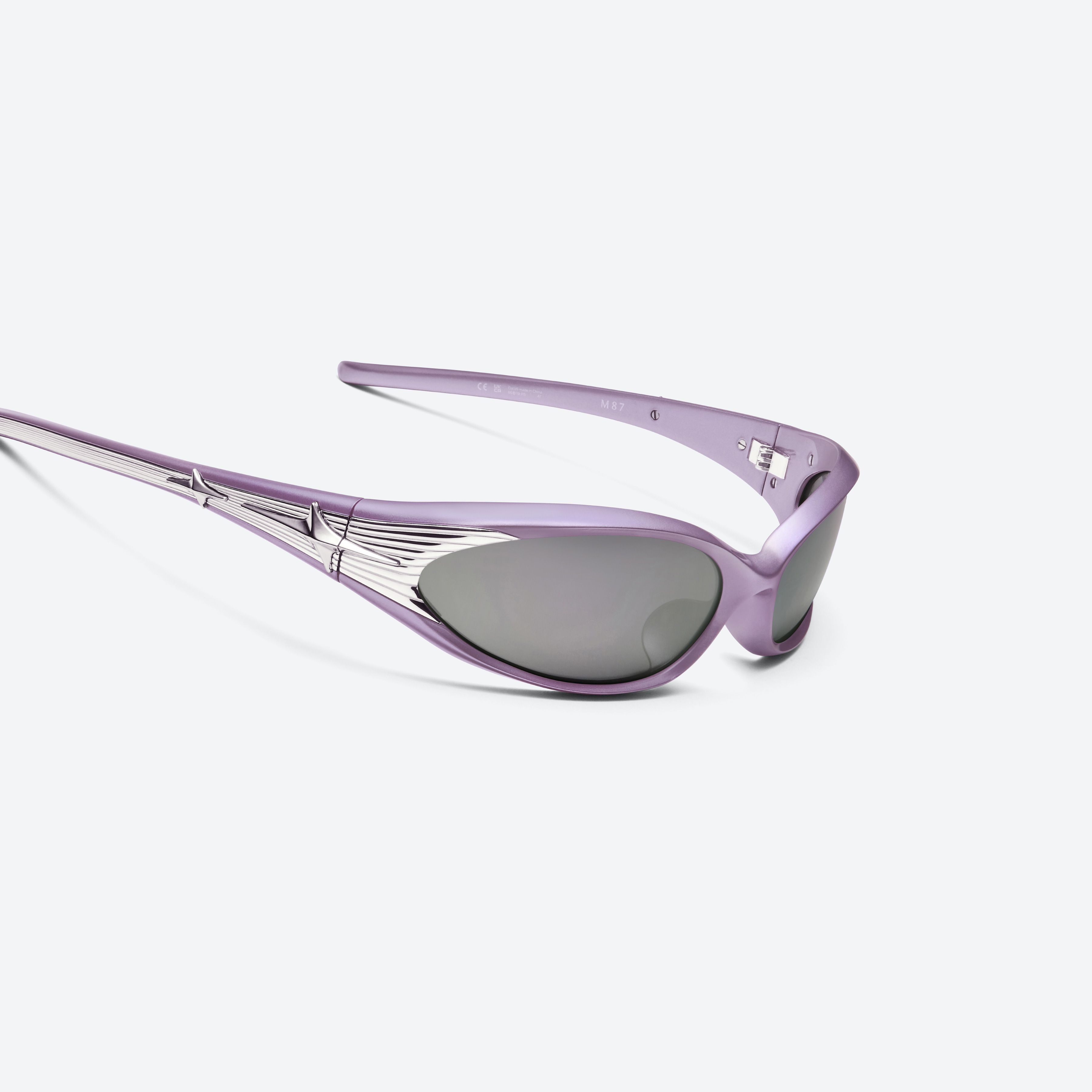 45-degree detailed view of Gentle Monster M87 V6 Purple Nylon framed Wraparound sunglasses.