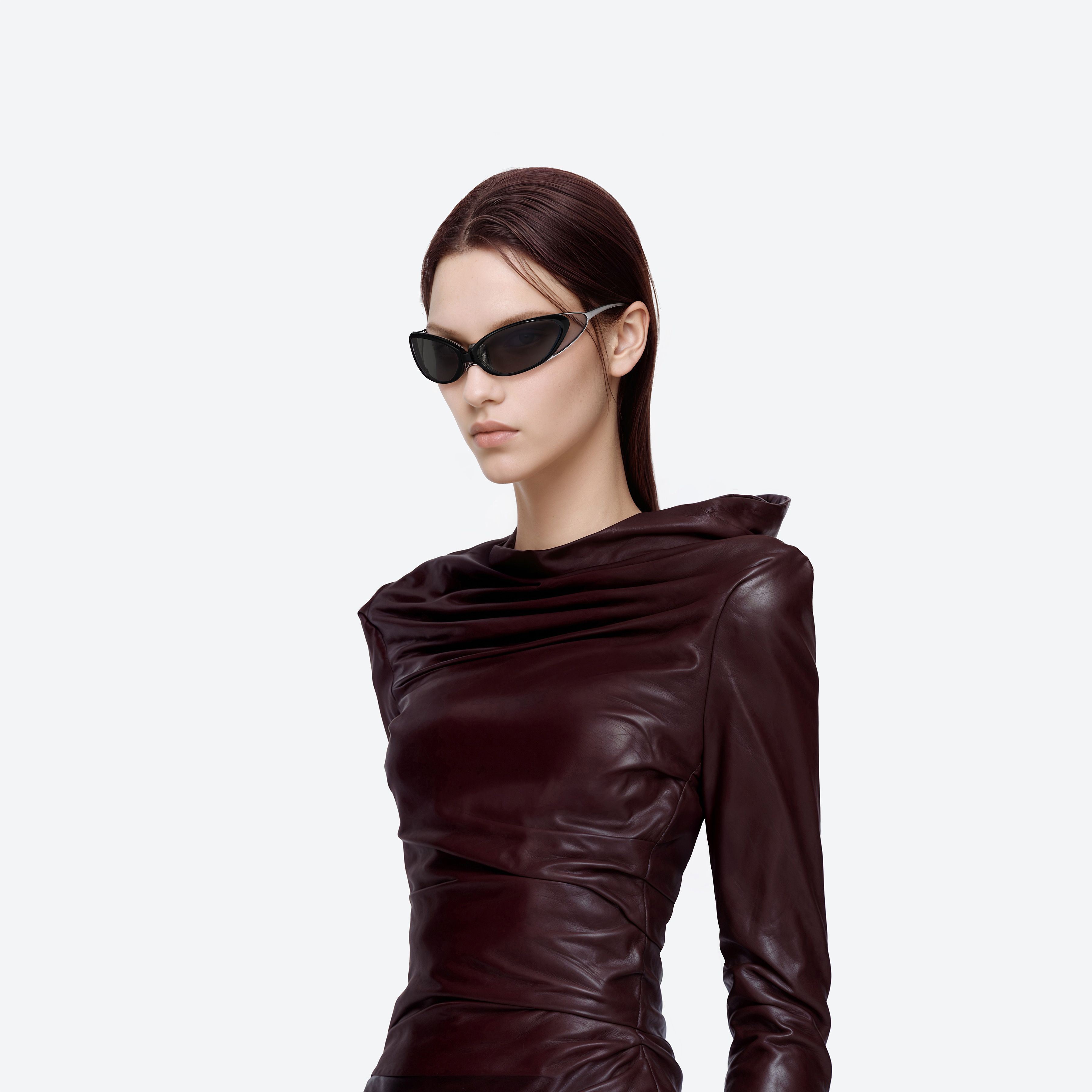 Model wearing the Noiz Veil 01 Black Nylon framed Wraparound sunglasses.