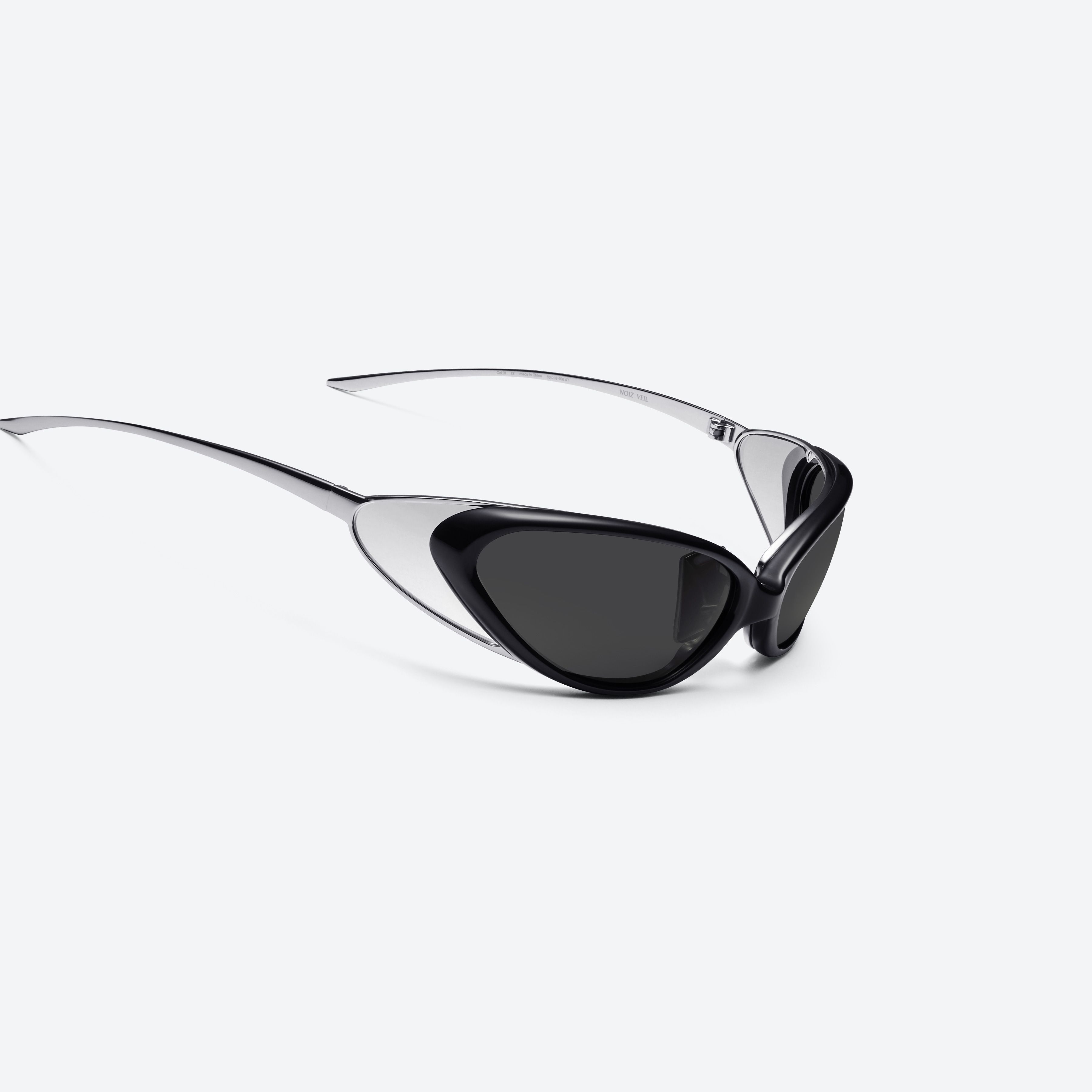 45-degree detailed view of Gentle Monster Noiz Veil 01 Black Nylon framed Wraparound sunglasses.