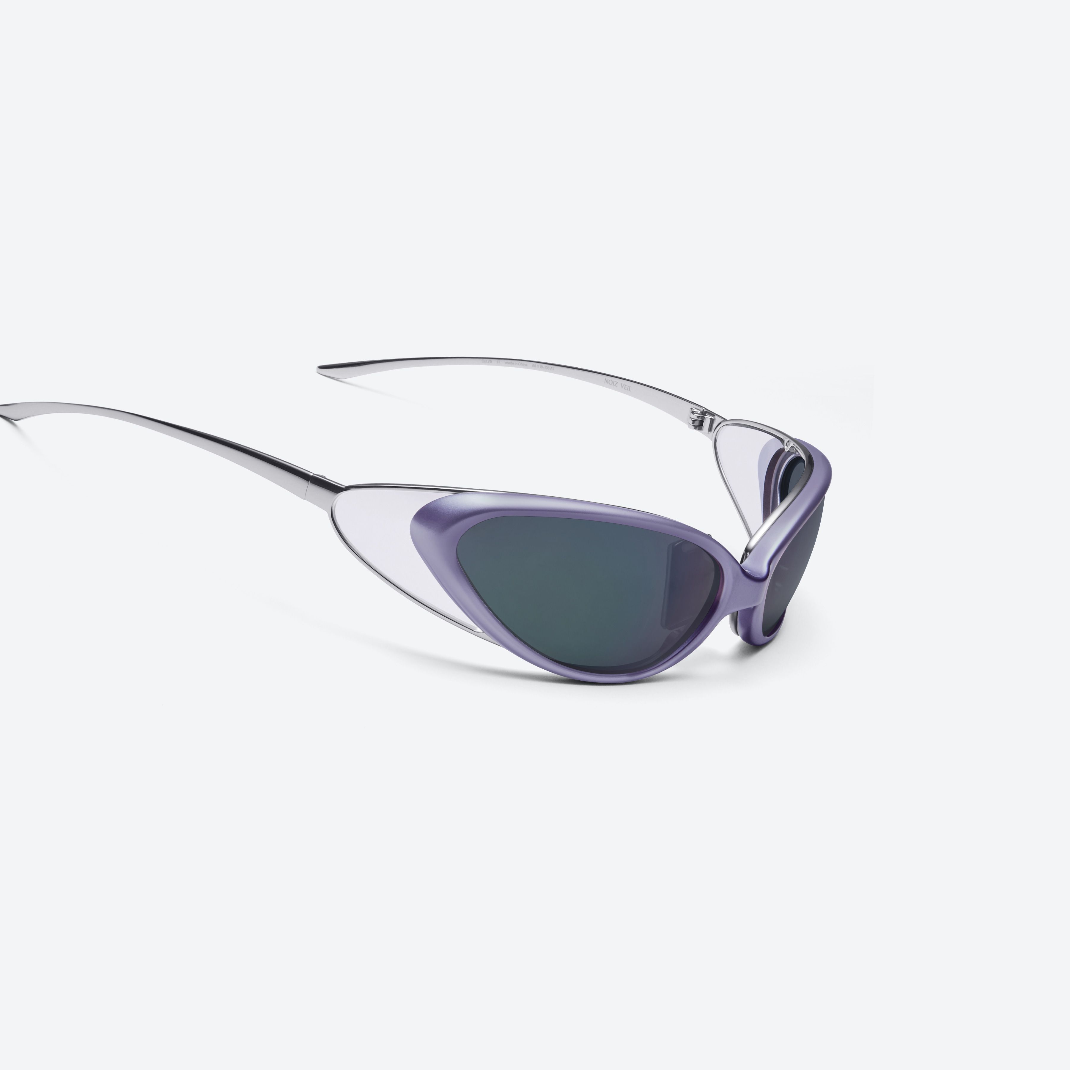 45-degree detailed view of Gentle Monster Noiz Veil V5 Purple Nylon framed Wraparound sunglasses.