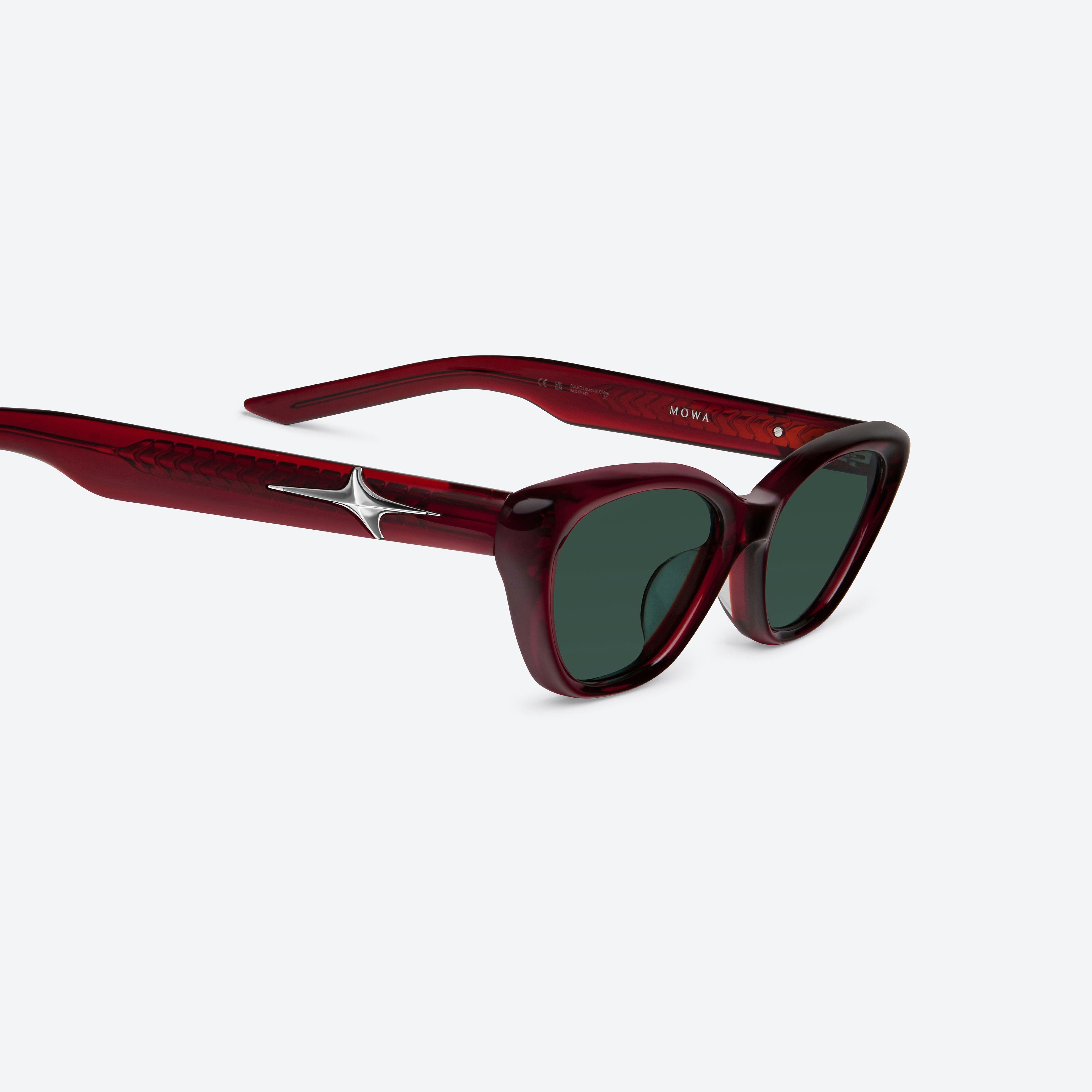 45-degree detailed view of Gentle Monster Mowa RC3 Red Acetate framed Cat-eye sunglasses.