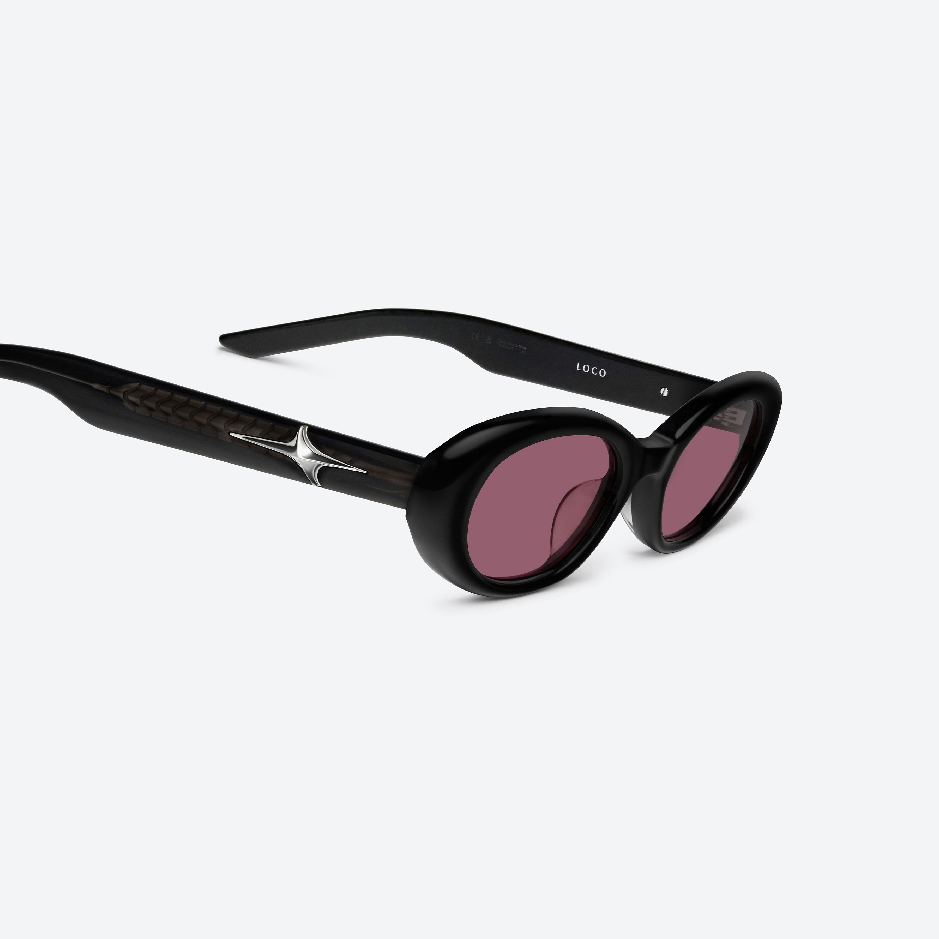 45-degree detailed view of Gentle Monster Loco 01(R) Black Acetate framed Oval sunglasses.