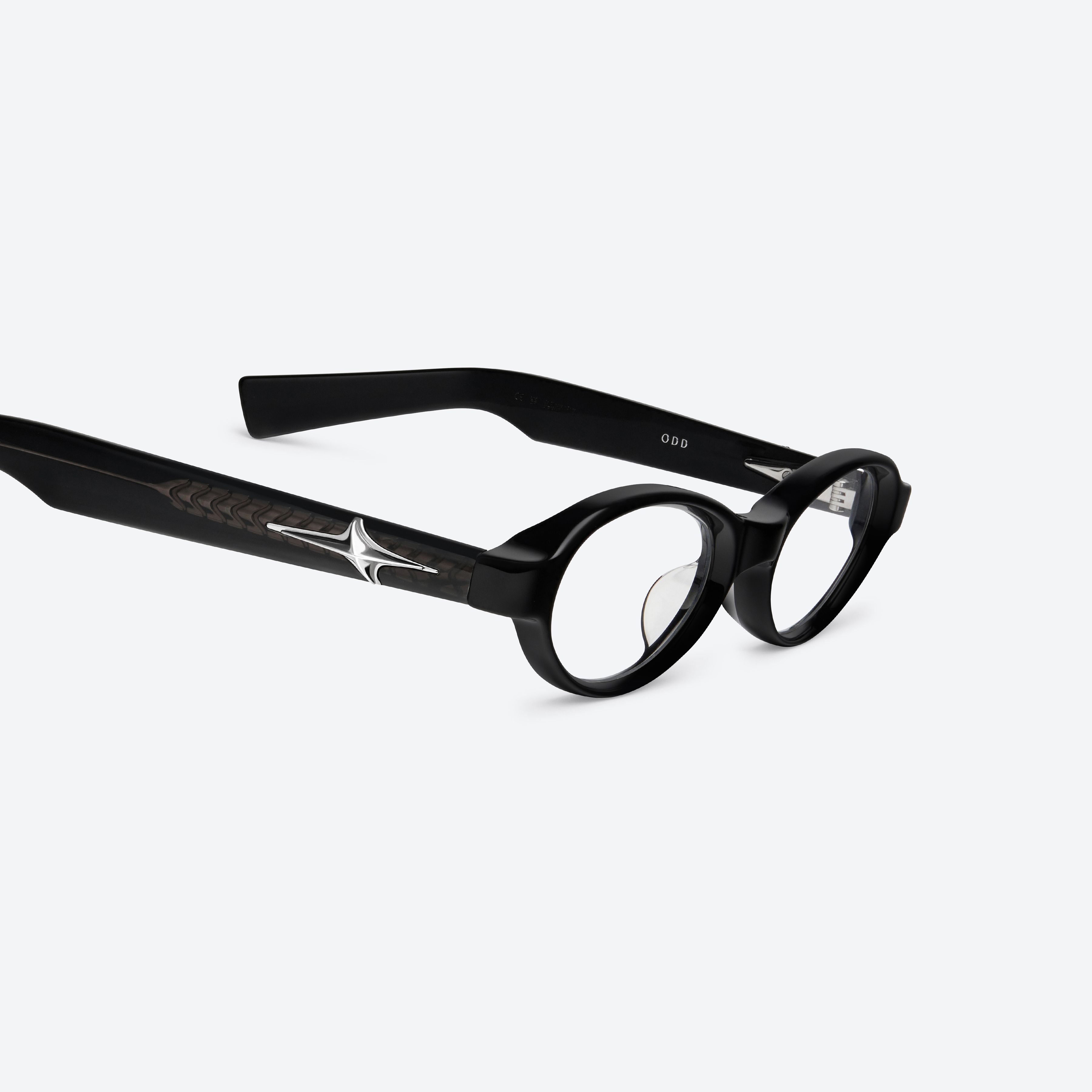45-degree detailed view of Gentle Monster Odd 01 Black Acetate framed Oval glasses.
