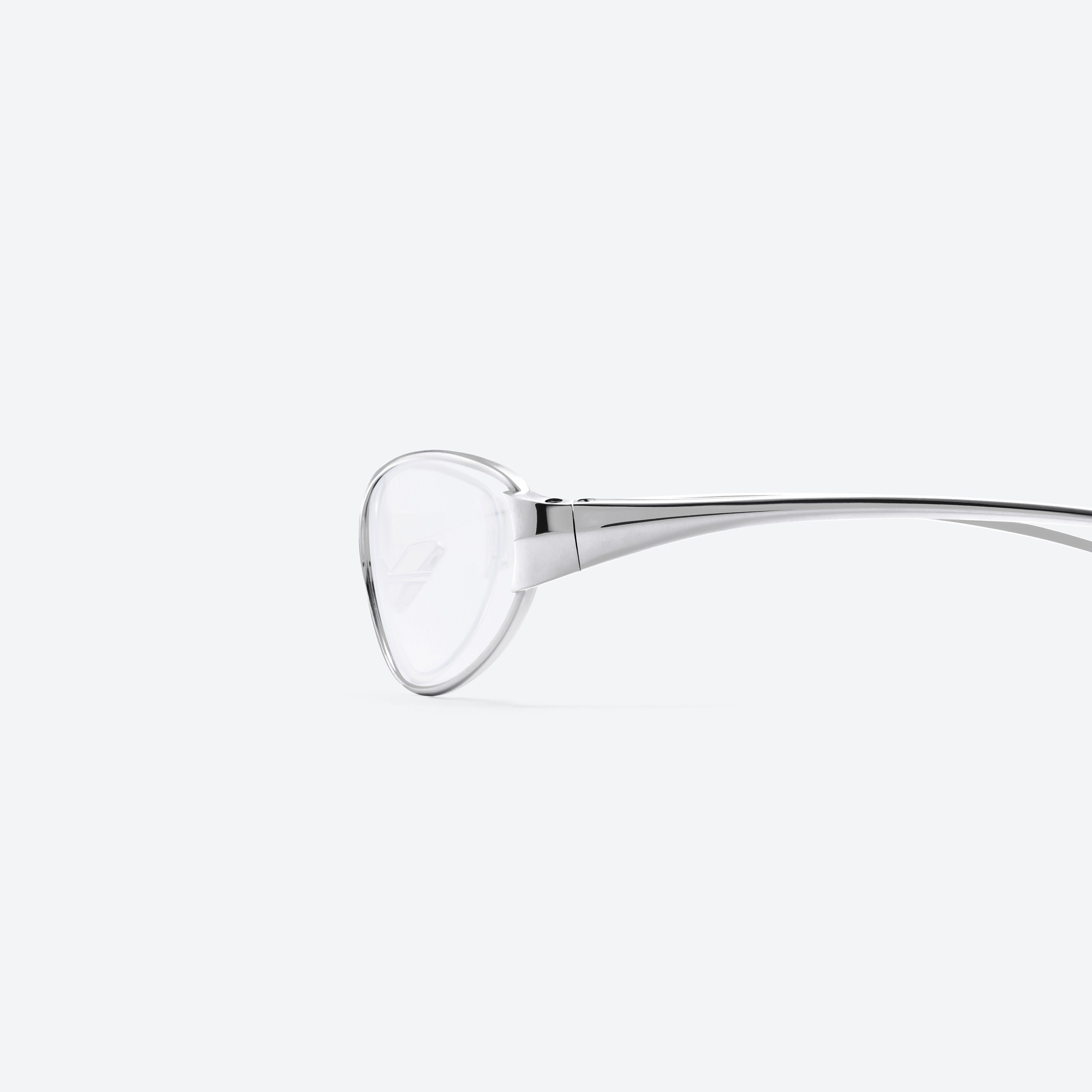 A detailed left view of Gentle Monster Fuse 02 Silver Metal framed Cat-eye glasses.