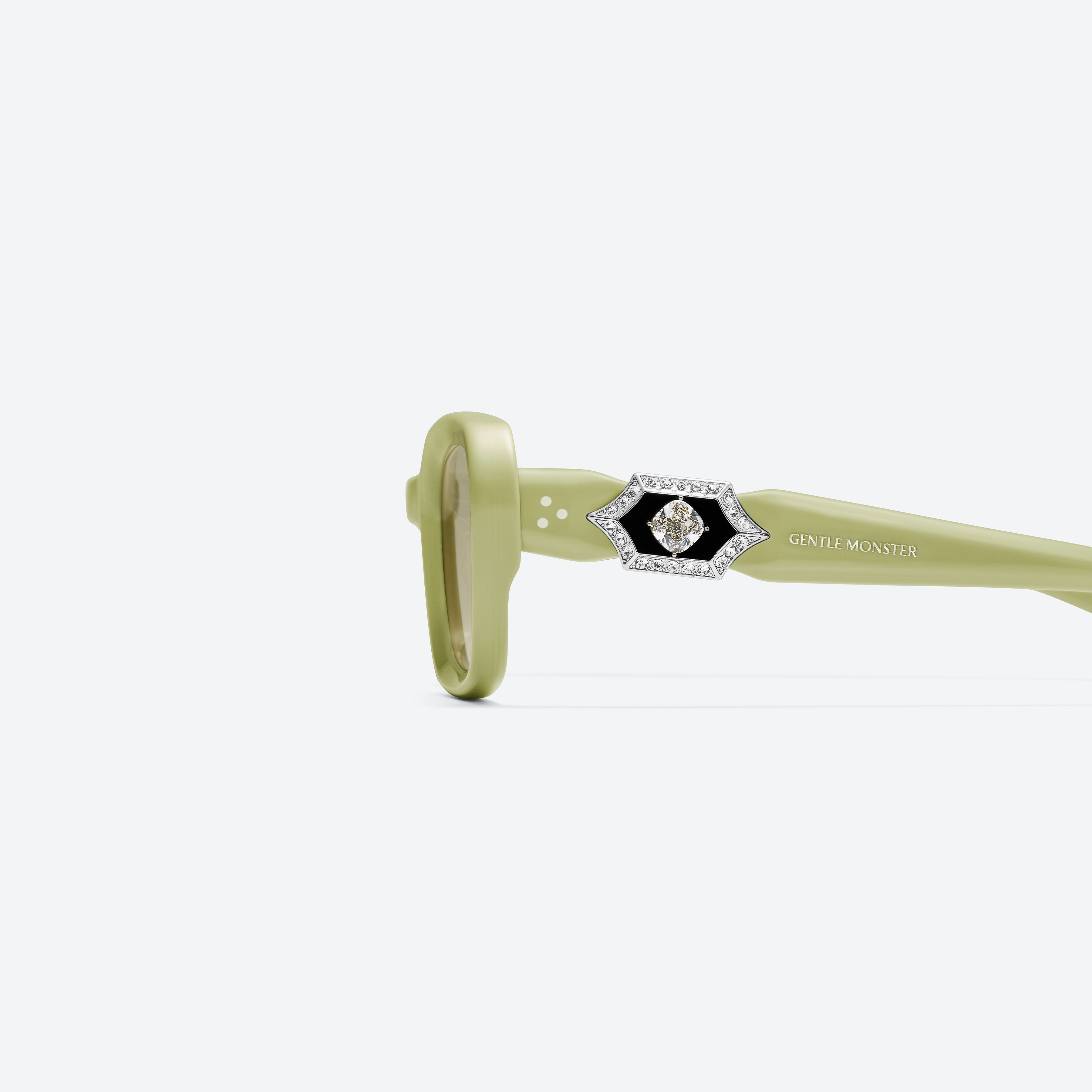A detailed left view of Gentle Monster Phantom GR9 Green Acetate framed Square sunglasses.