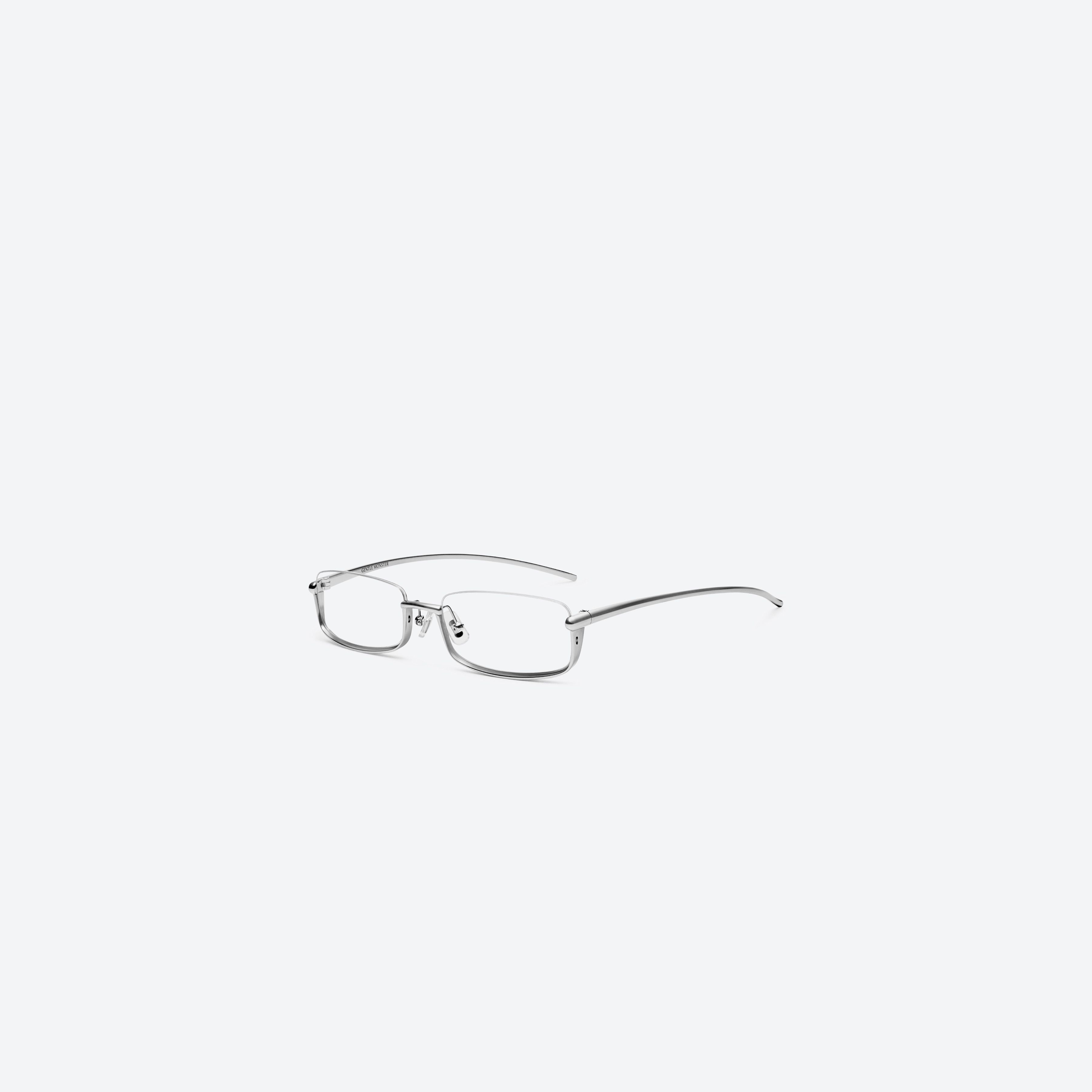 45-degree view of Gentle Monster Heavenly 02 Silver Metal framed Square glasses.