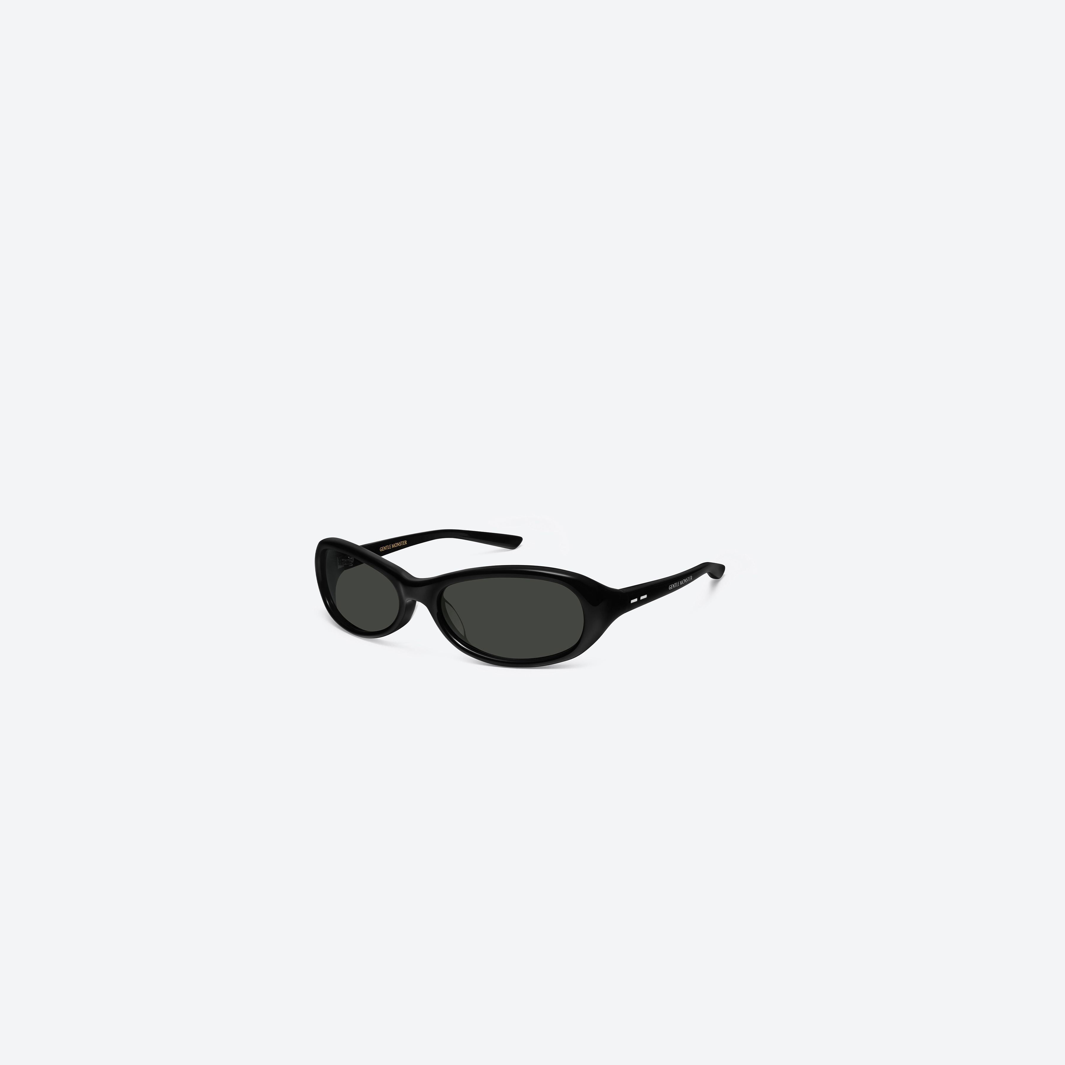 45-degree view of Gentle Monster Groovy 01 Black Acetate framed Wraparound sunglasses.