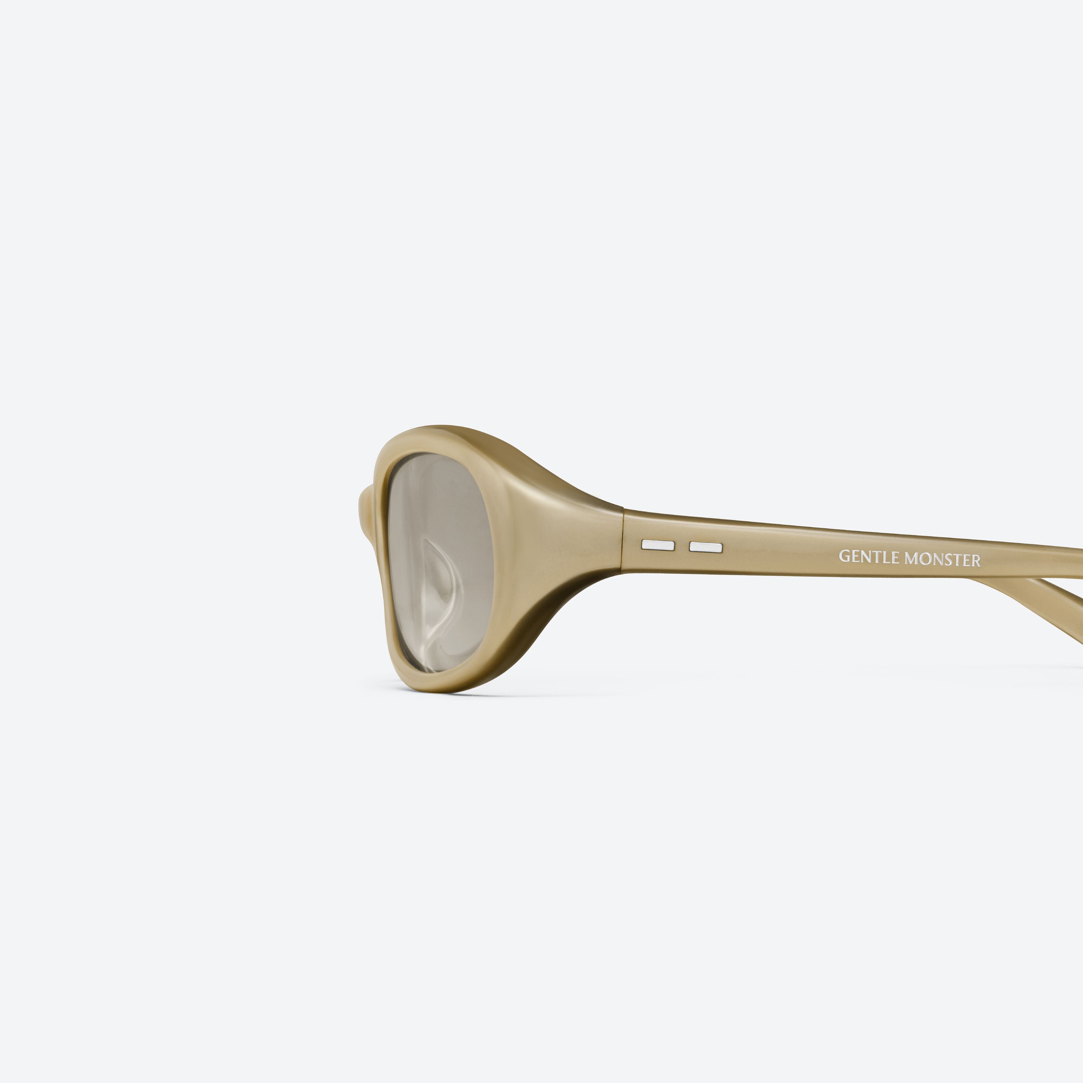A detailed left view of Gentle Monster Groovy GDC2 Gold Acetate framed Wraparound sunglasses.