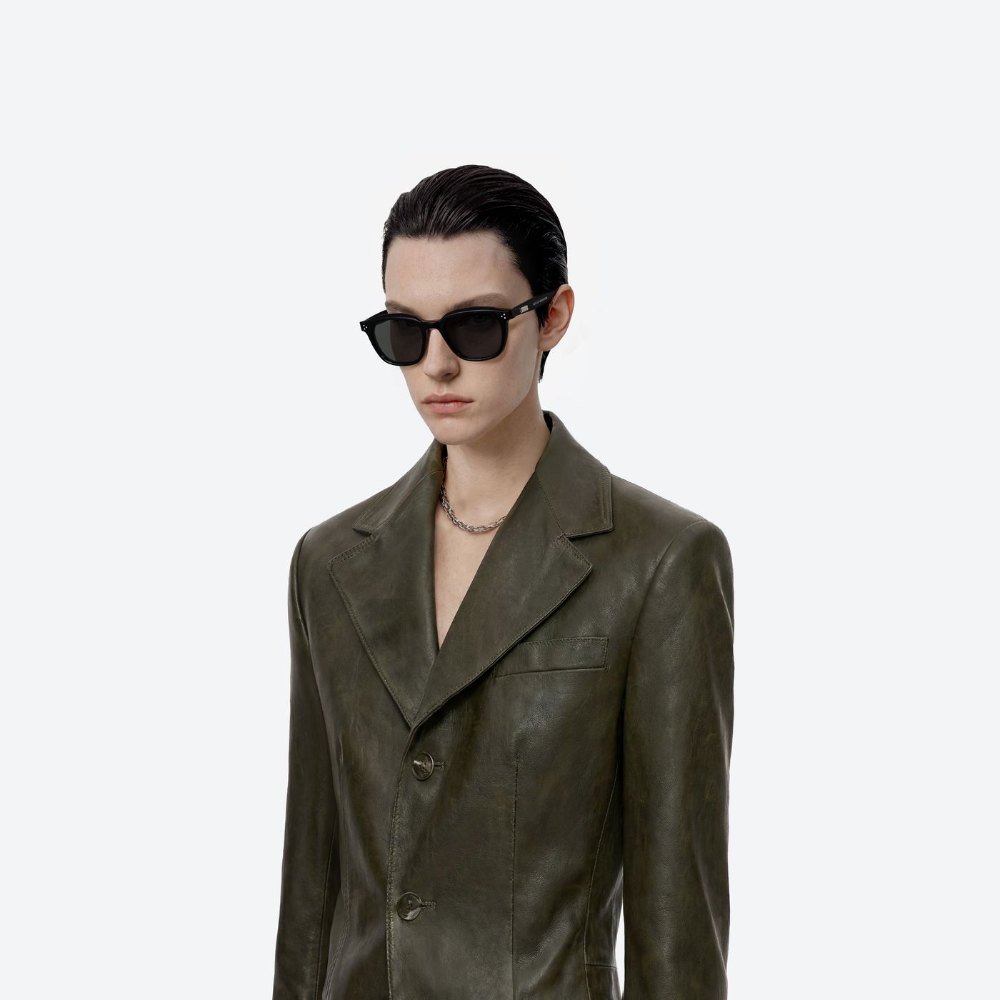 Model wearing the NOHO 01 Black Acetate framed Round sunglasses.