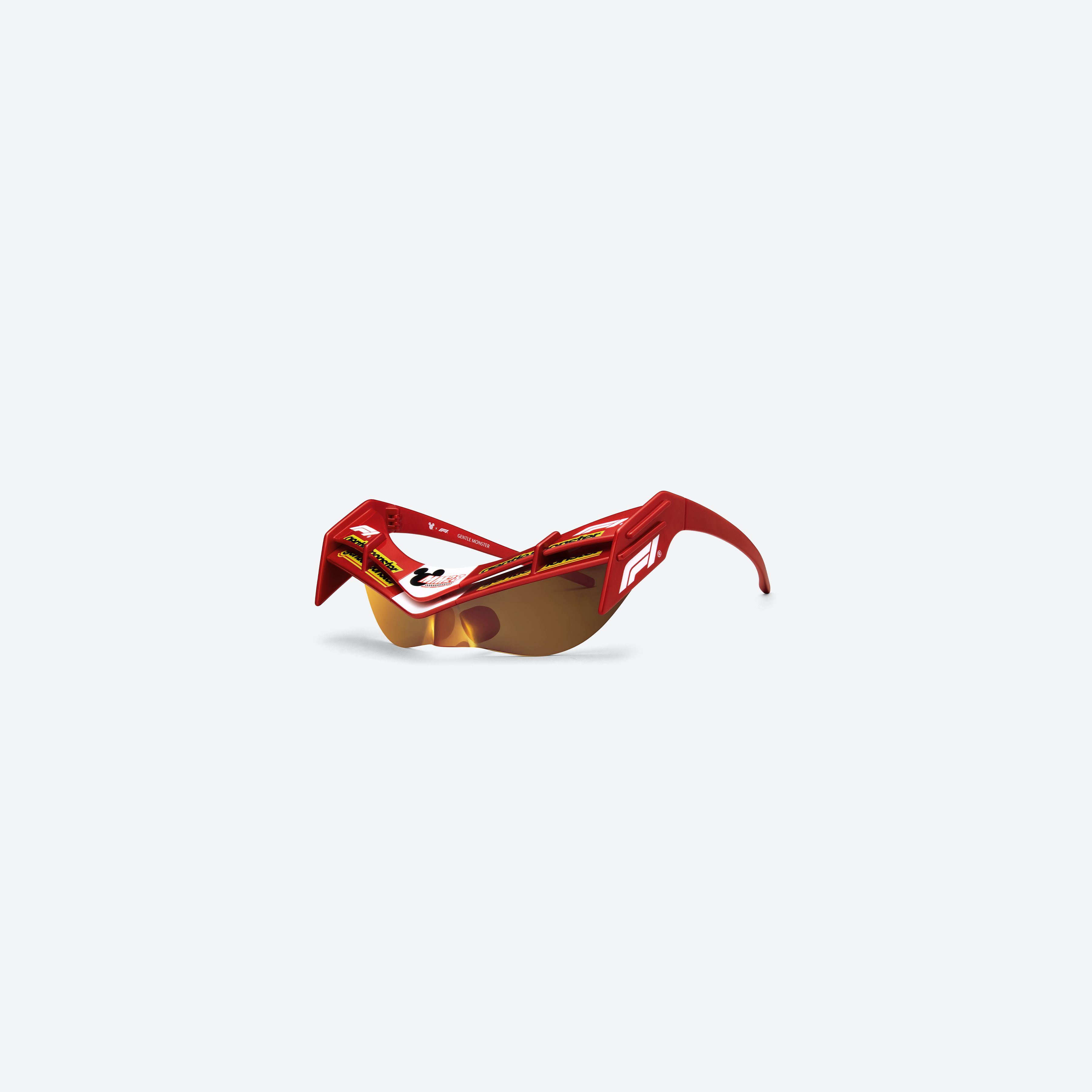 45-degree view of Gentle Monster WING 4 R13 Red Nylon framed Wraparound sunglasses.