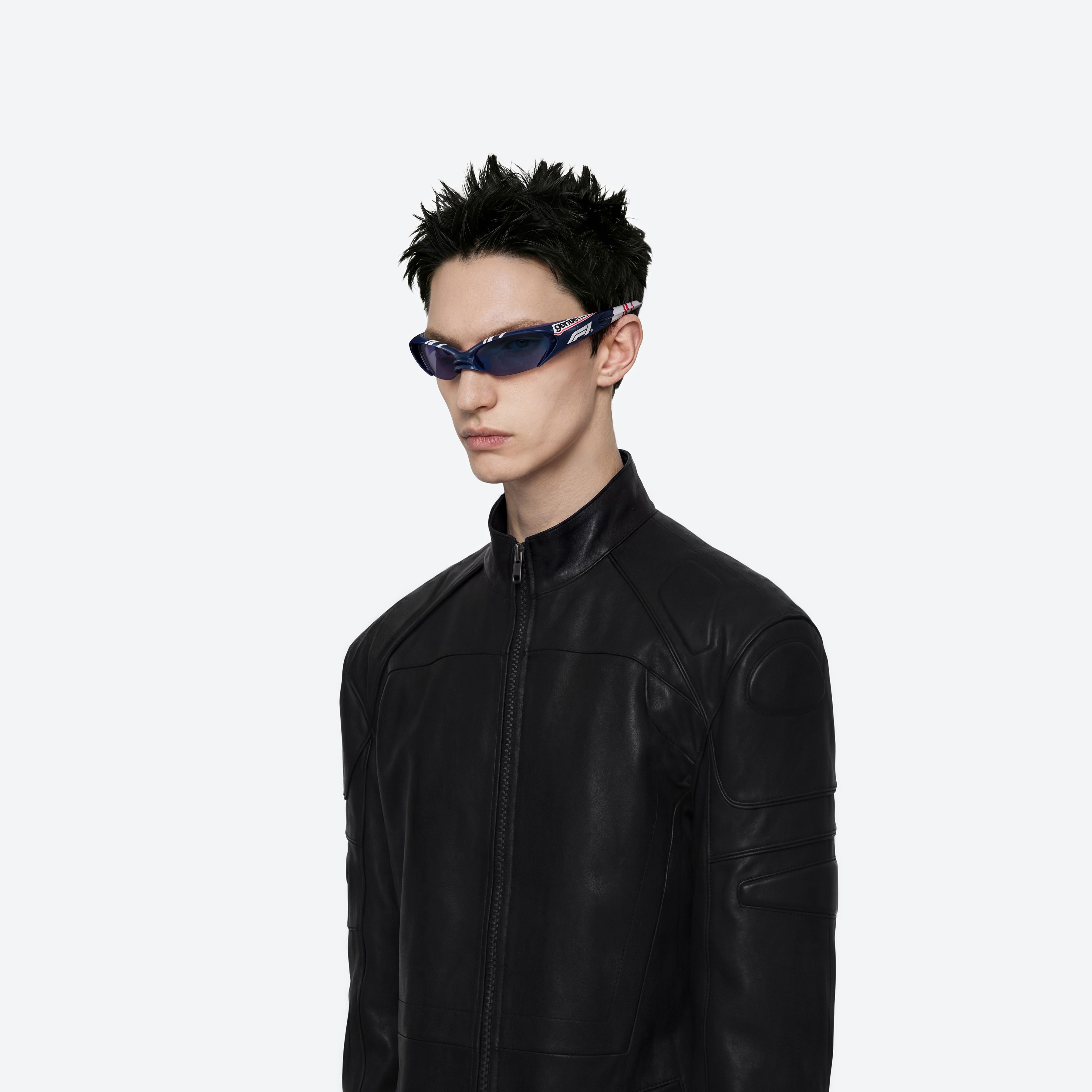 Model wearing the SLIPSTREAM N8 Blue Nylon framed Wraparound sunglasses.