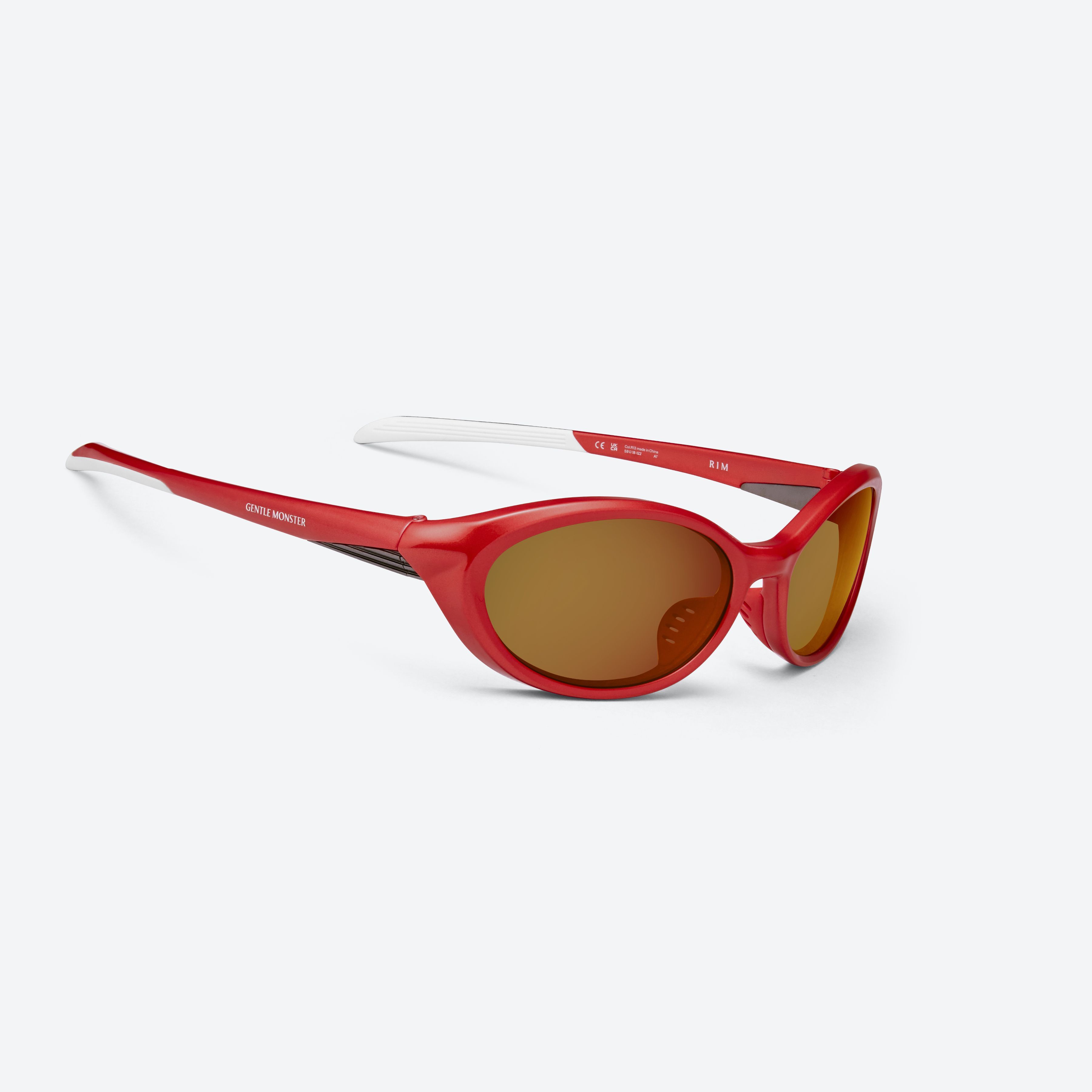 45-degree detailed view of Gentle Monster RIM R13 Red Nylon framed Wraparound sunglasses.