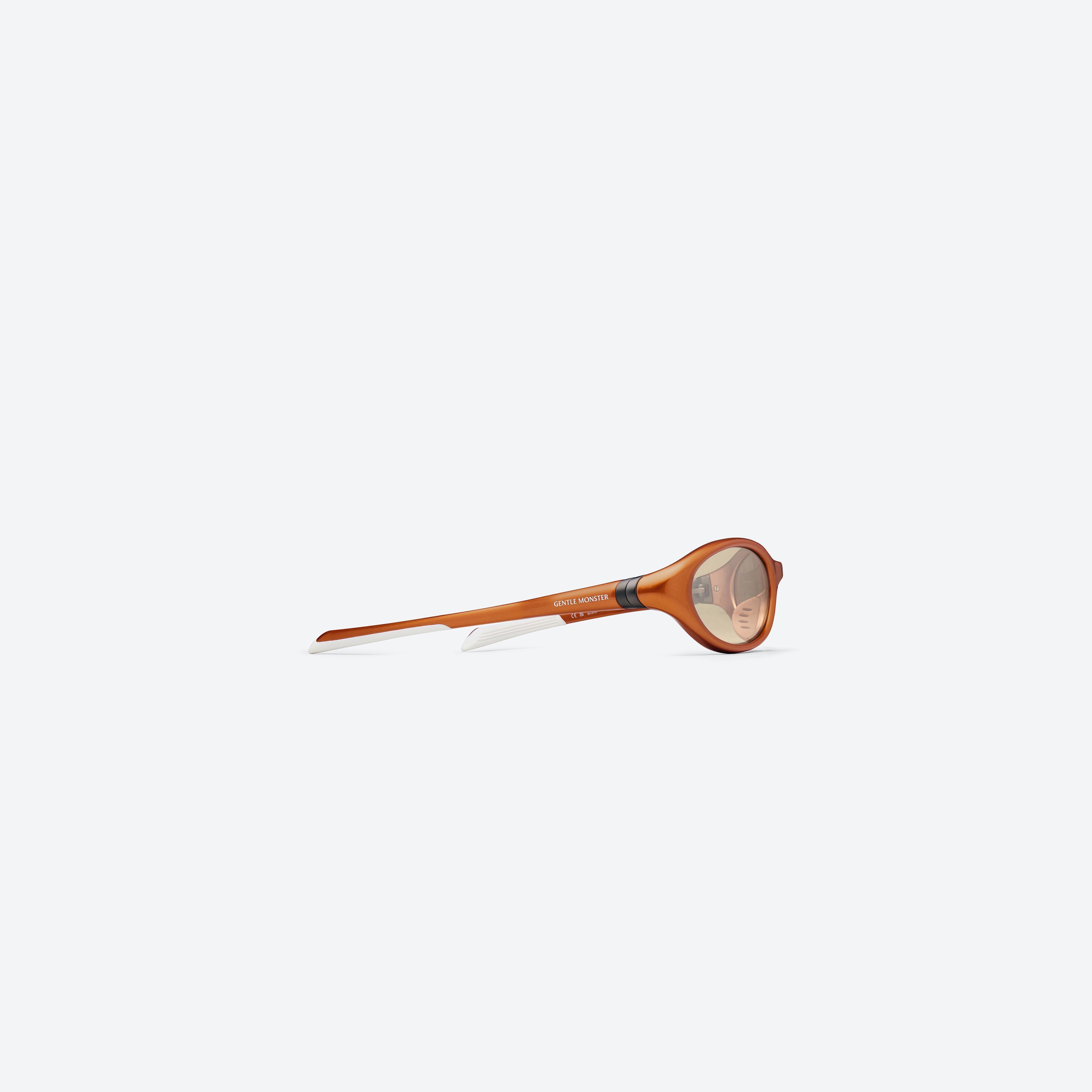 A detailed right view of Gentle Monster Velo OR4 Orange Nylon framed Wraparound sunglasses.