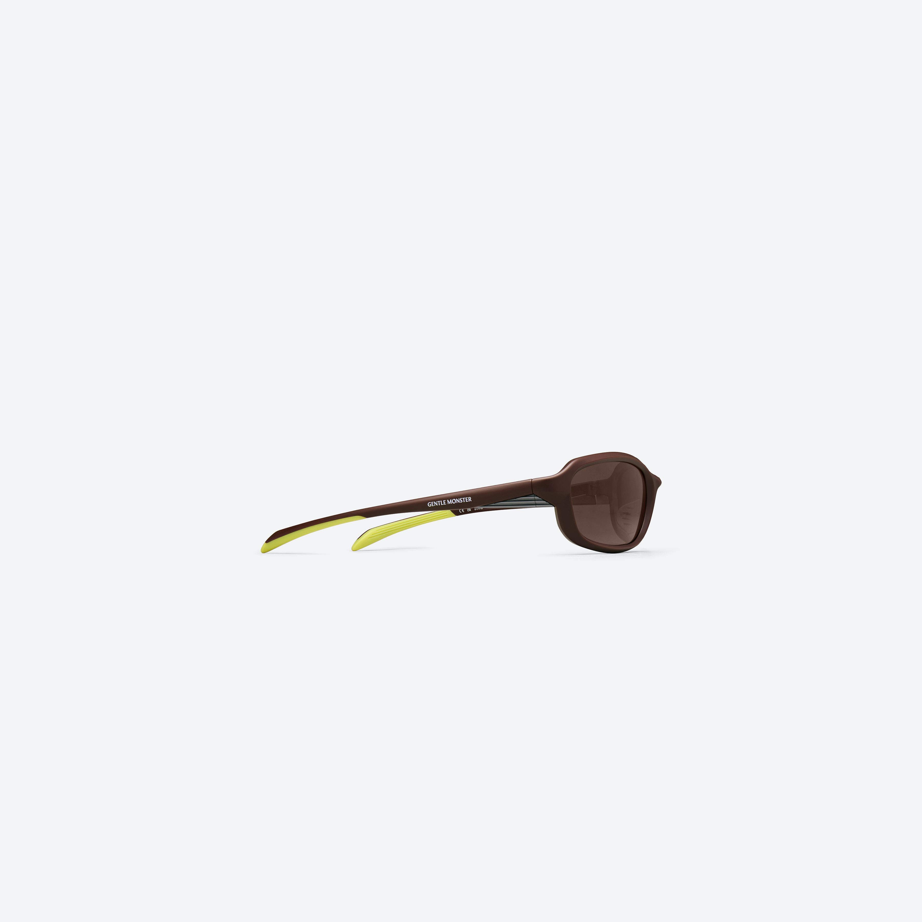 A detailed right view of Gentle Monster Volt MBR5 Brown Nylon framed Wraparound sunglasses.
