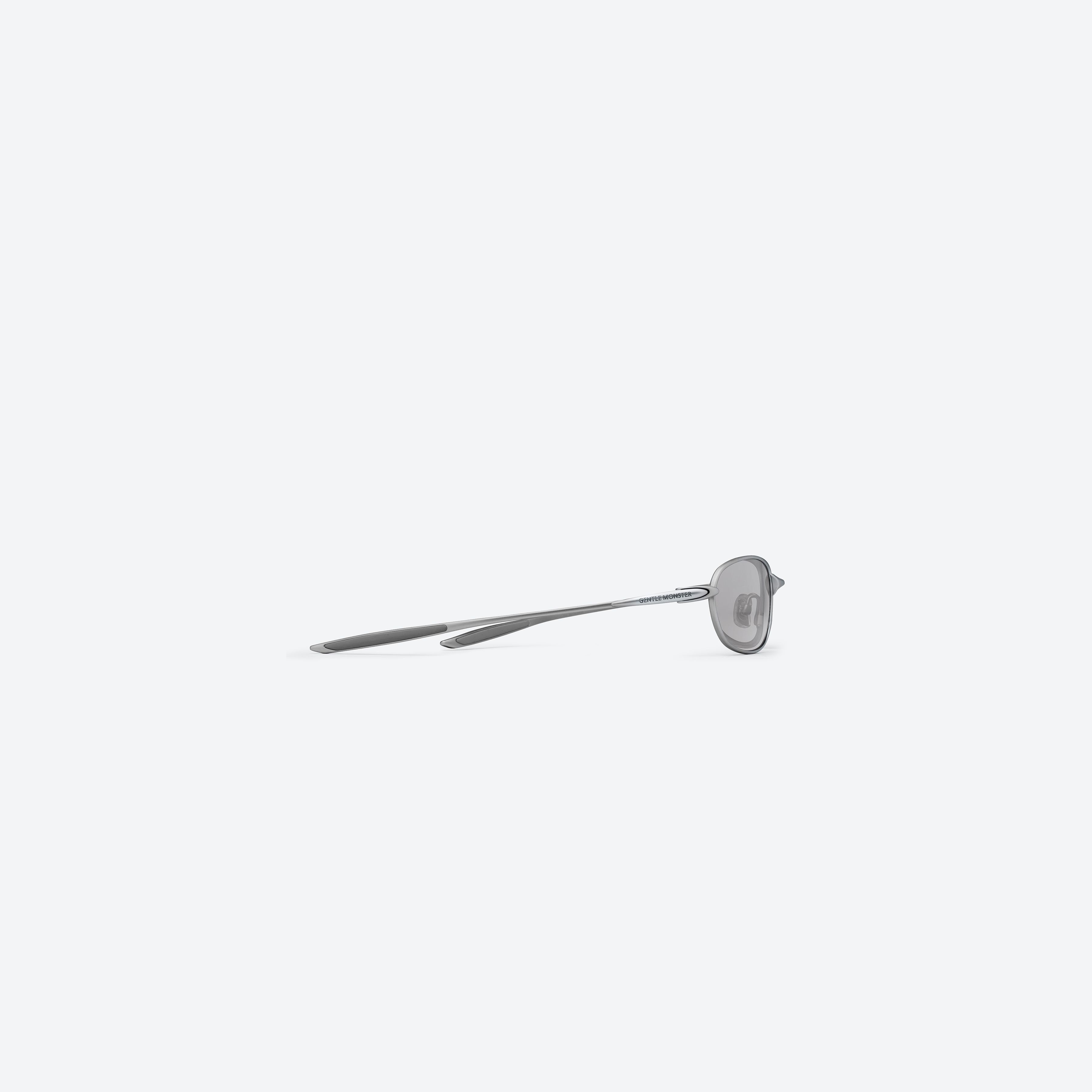 A detailed right view of Gentle Monster Pitot M021 Gray Metal framed Wraparound sunglasses.