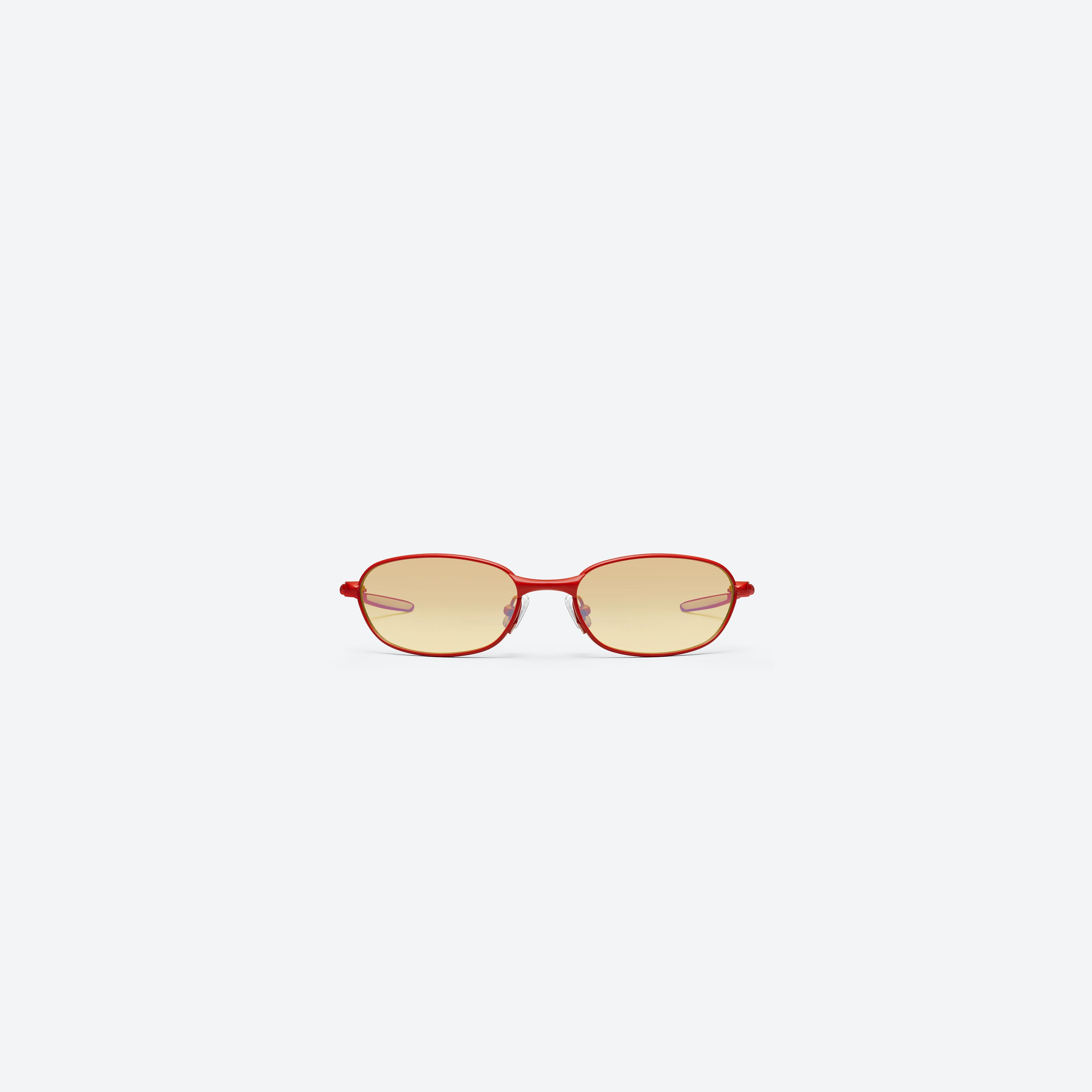 A front view of Gentle Monster Pitot MR14 Red Metal framed Wraparound sunglasses.