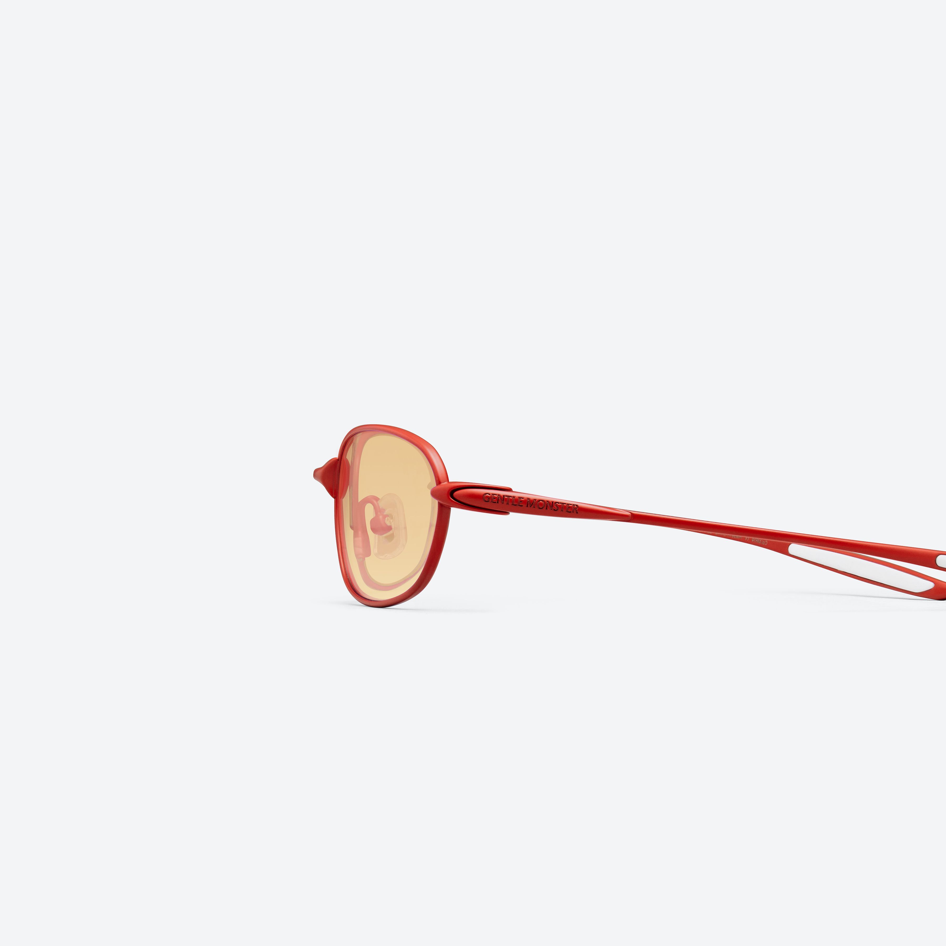 A detailed left view of Gentle Monster Pitot MR14 Red Metal framed Wraparound sunglasses.