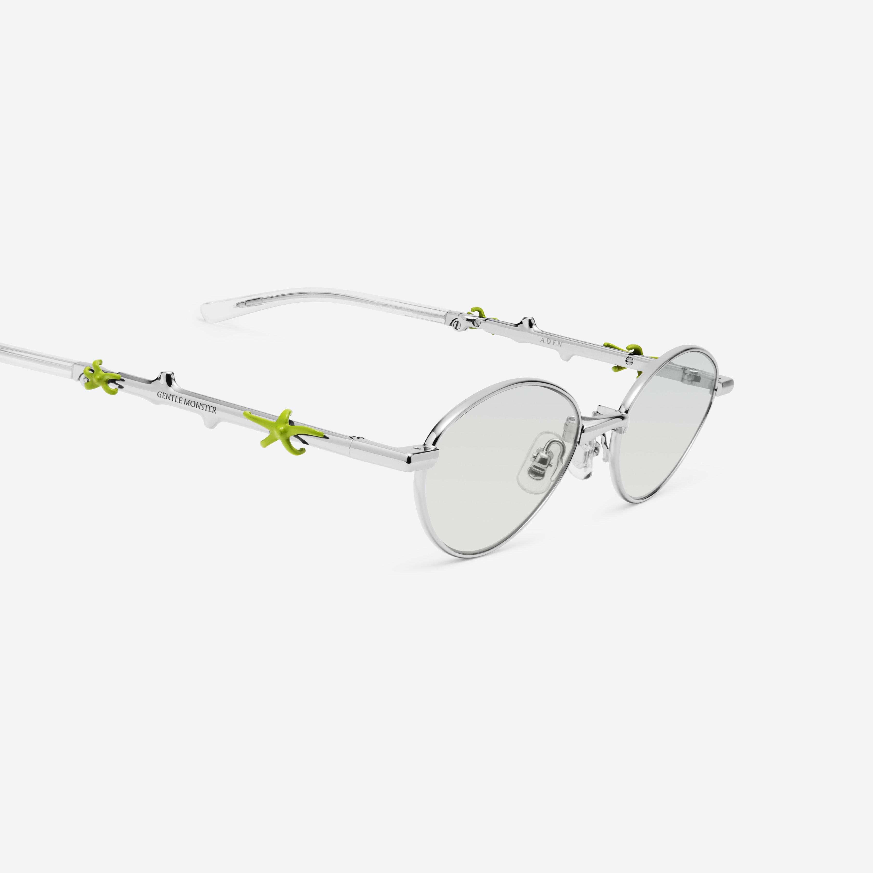 45-degree detailed view of Gentle Monster Aden 02(GRM) Silver Metal framed Oval sunglasses.