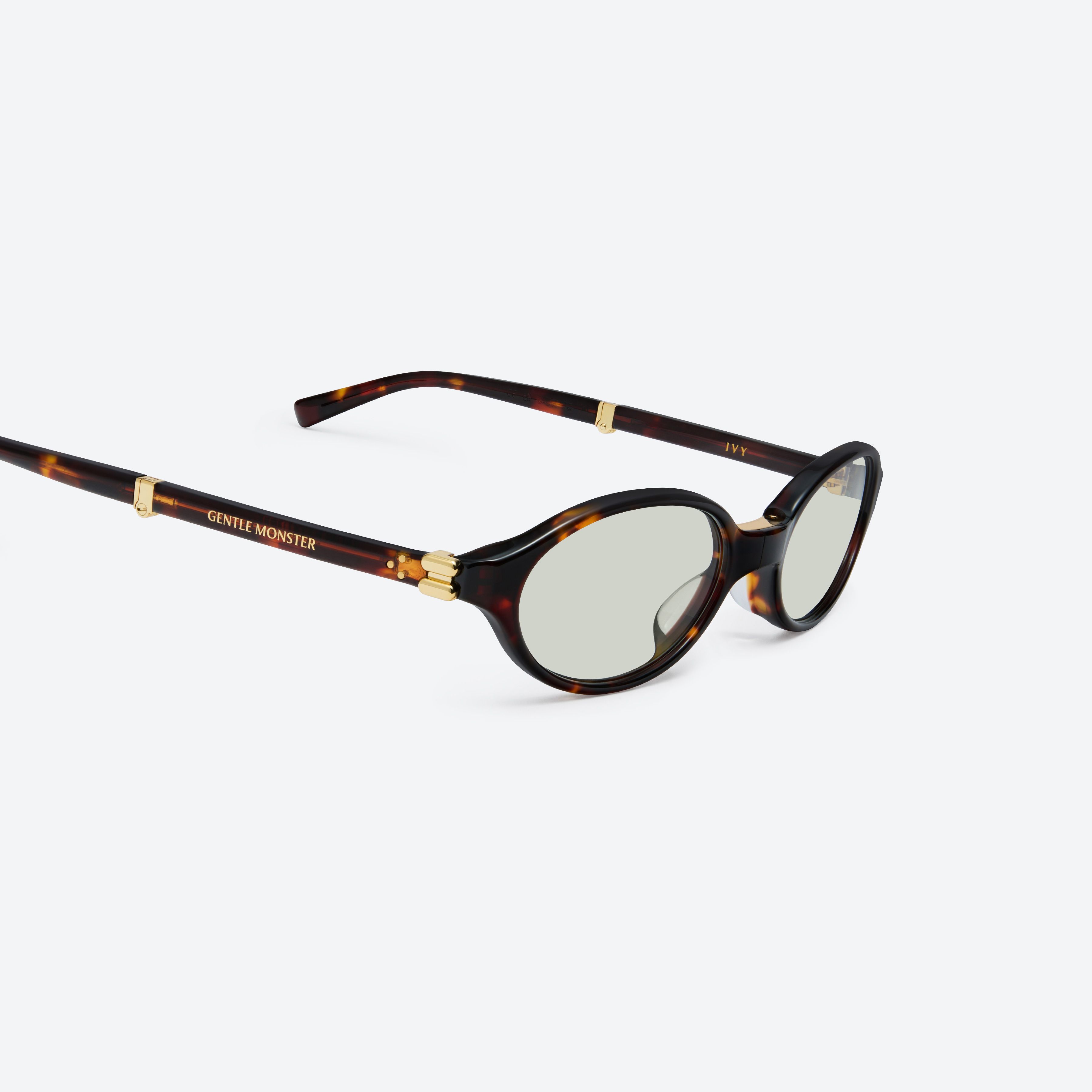 45-degree detailed view of Gentle Monster Ivy T1 Tortoise Acetate framed Oval sunglasses.