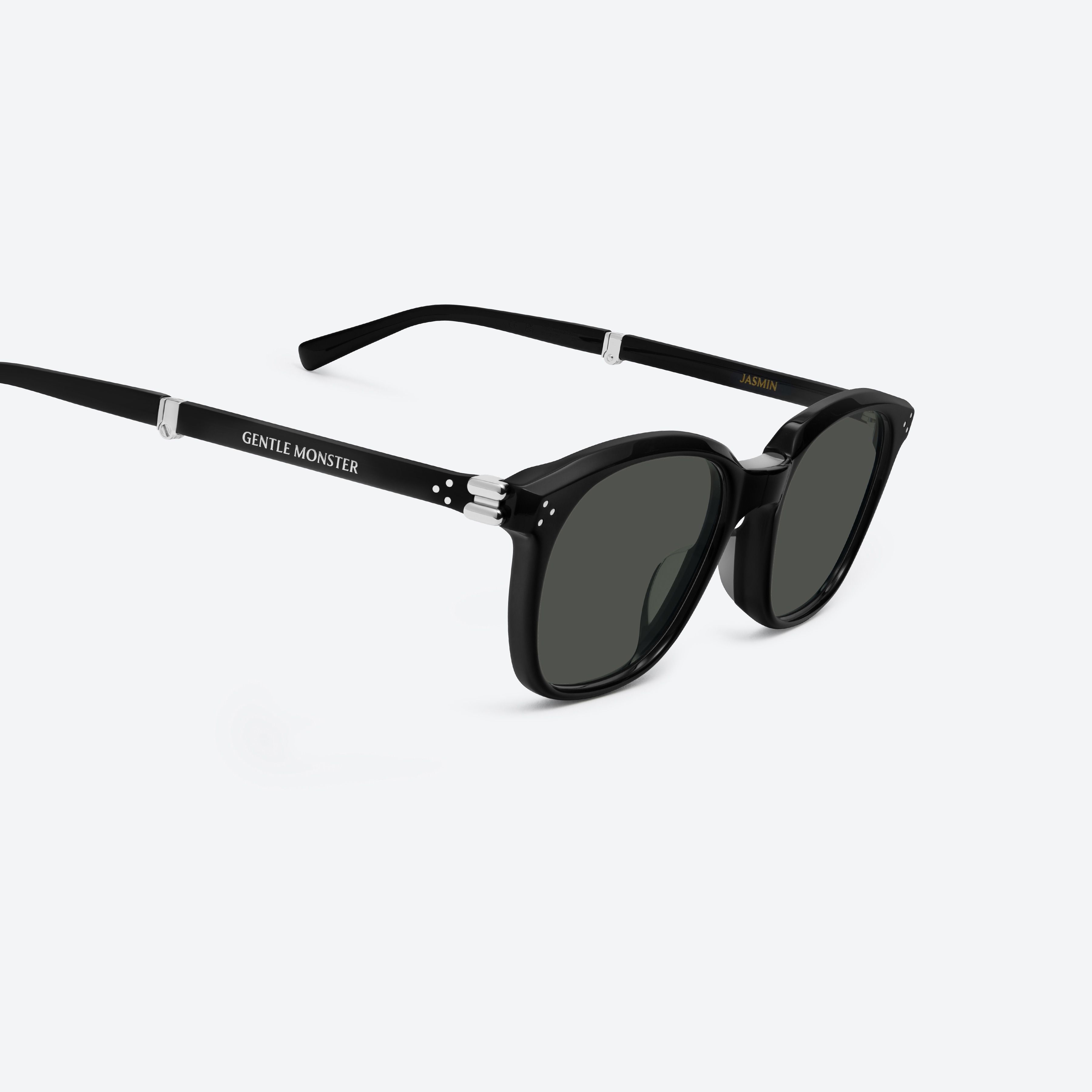 45-degree detailed view of Gentle Monster Jasmin 01 Black Acetate framed Square sunglasses.