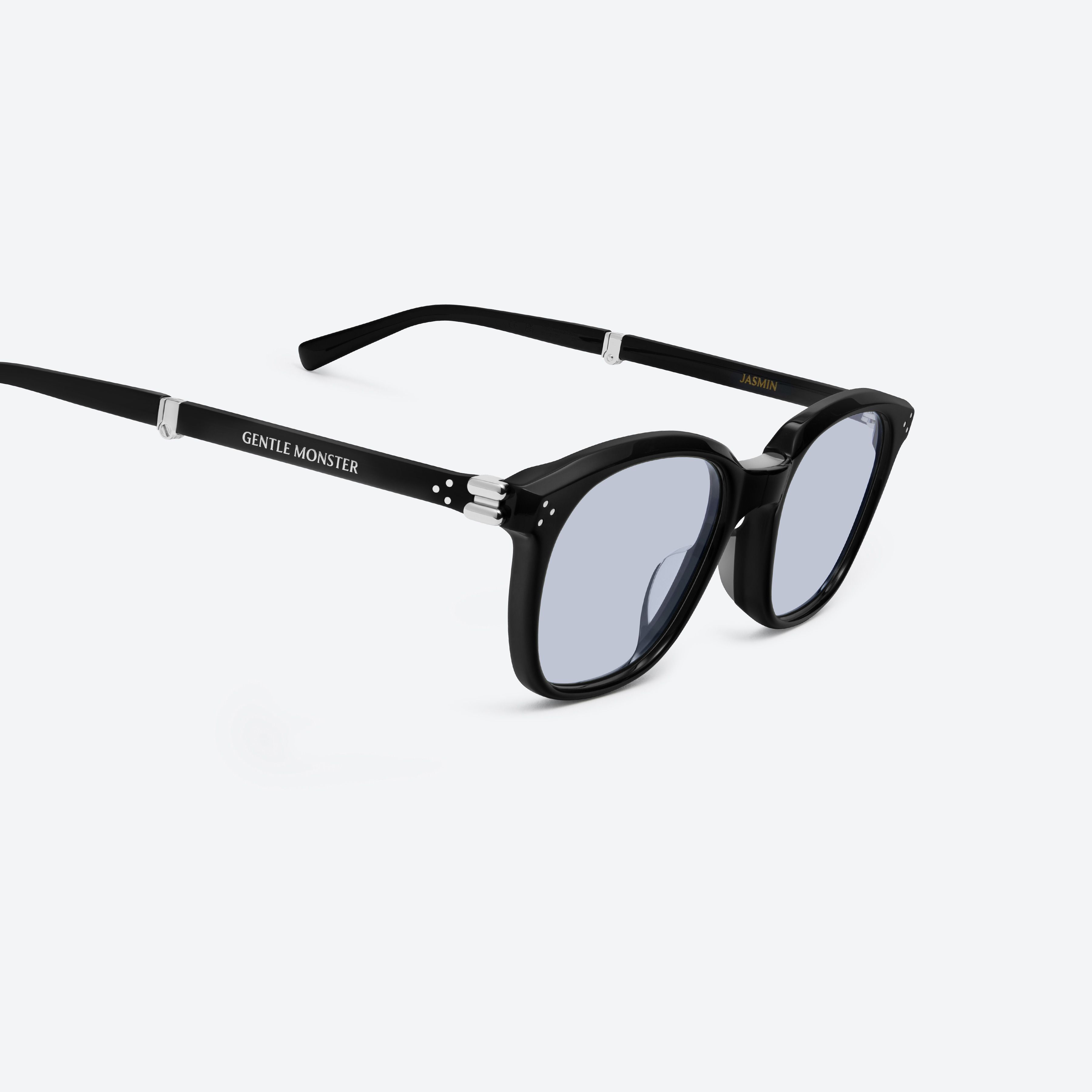 45-degree detailed view of Gentle Monster Jasmin 01(BL) Black Acetate framed Square sunglasses.