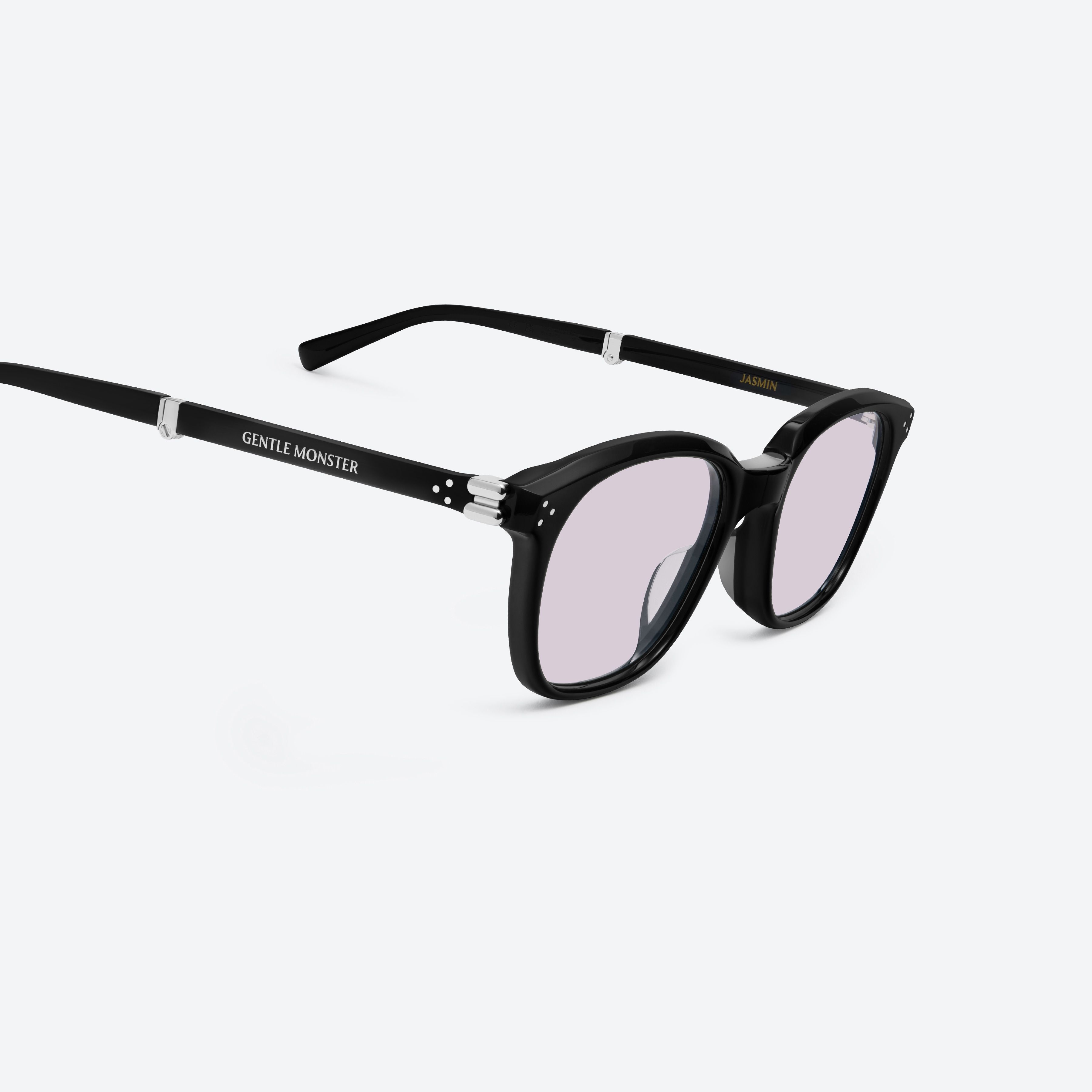 45-degree detailed view of Gentle Monster Jasmin 01(V) Black Acetate framed Square sunglasses.