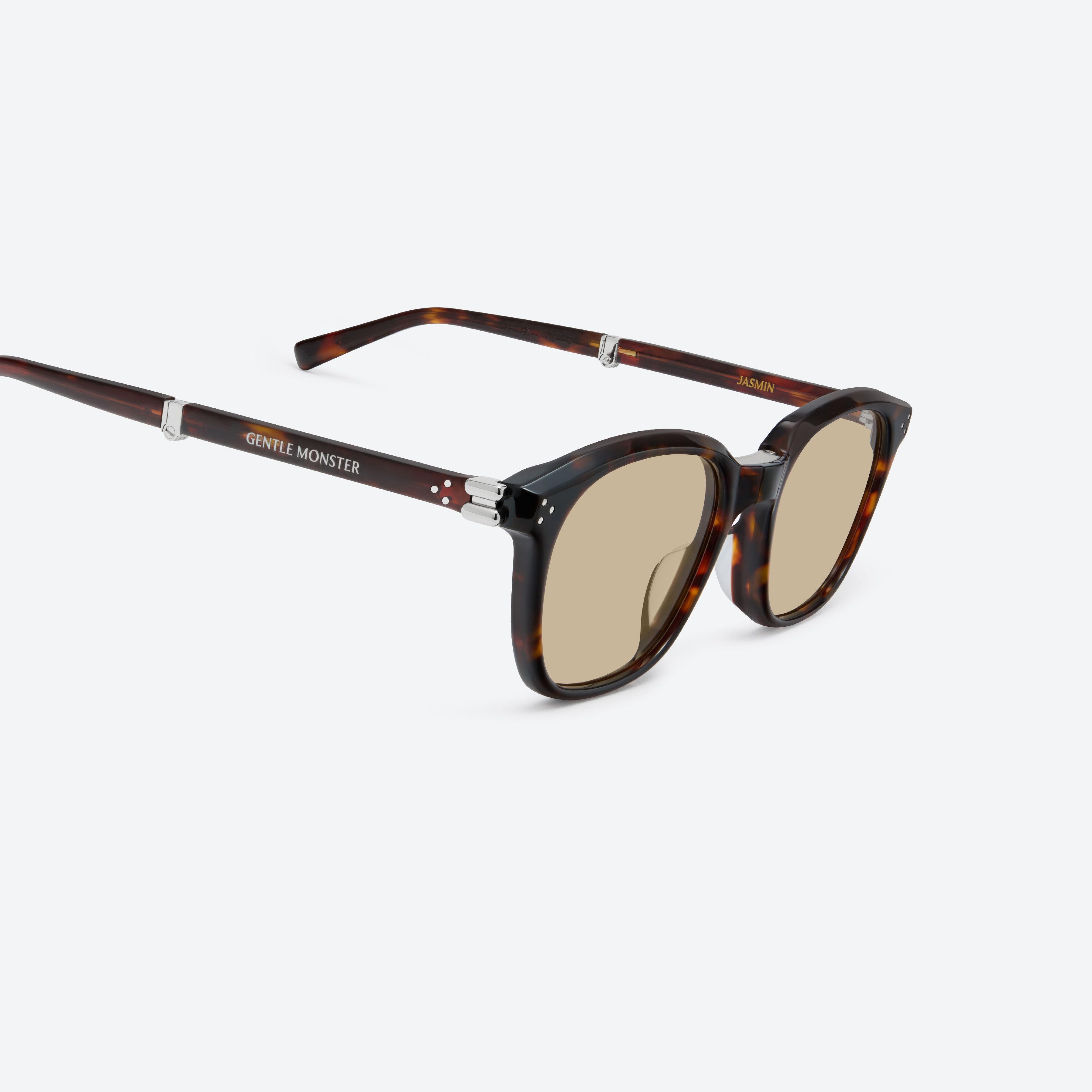 45-degree detailed view of Gentle Monster Jasmin T1 Tortoise Acetate framed Square sunglasses.