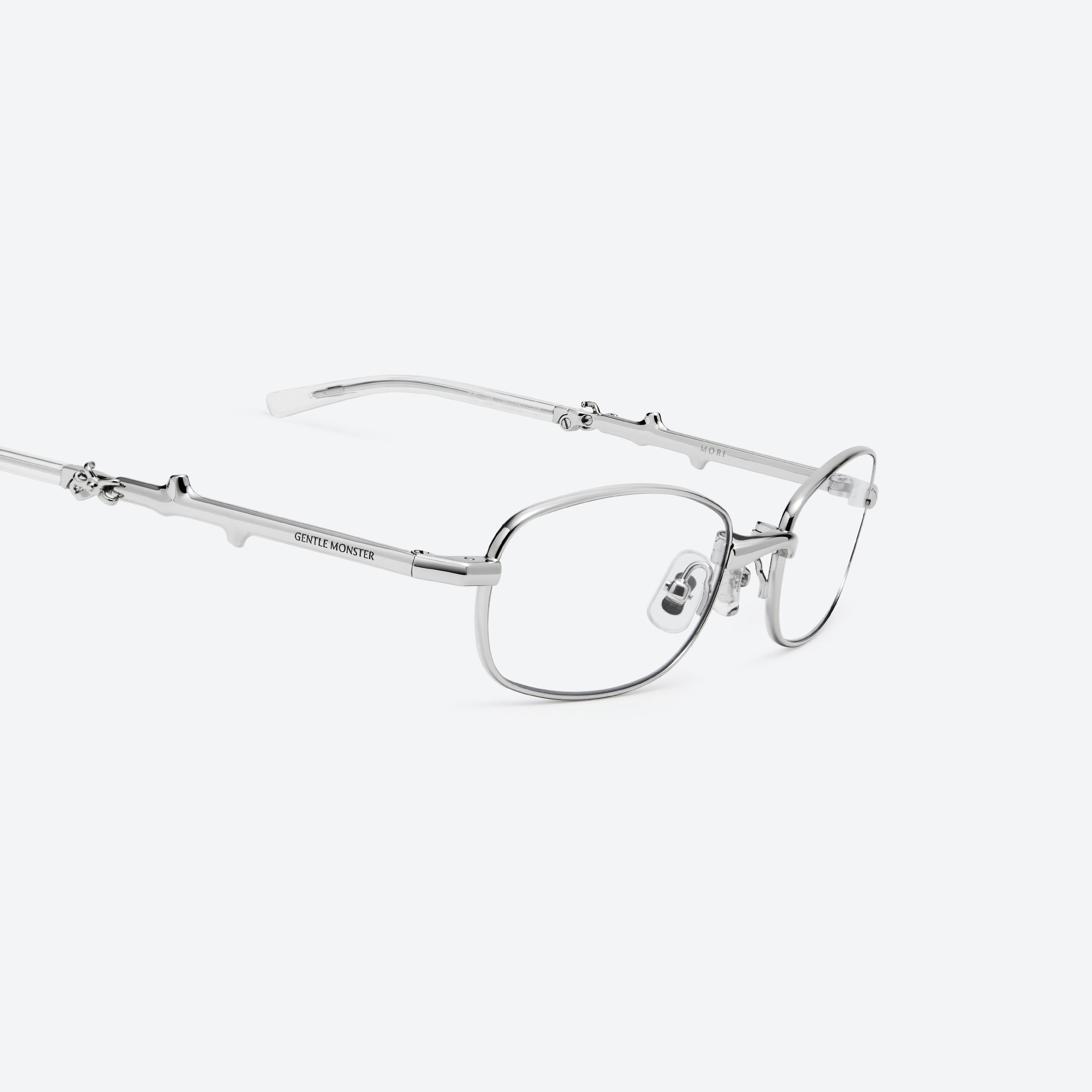 45-degree detailed view of Gentle Monster Mori 02 Silver Metal framed Square glasses.