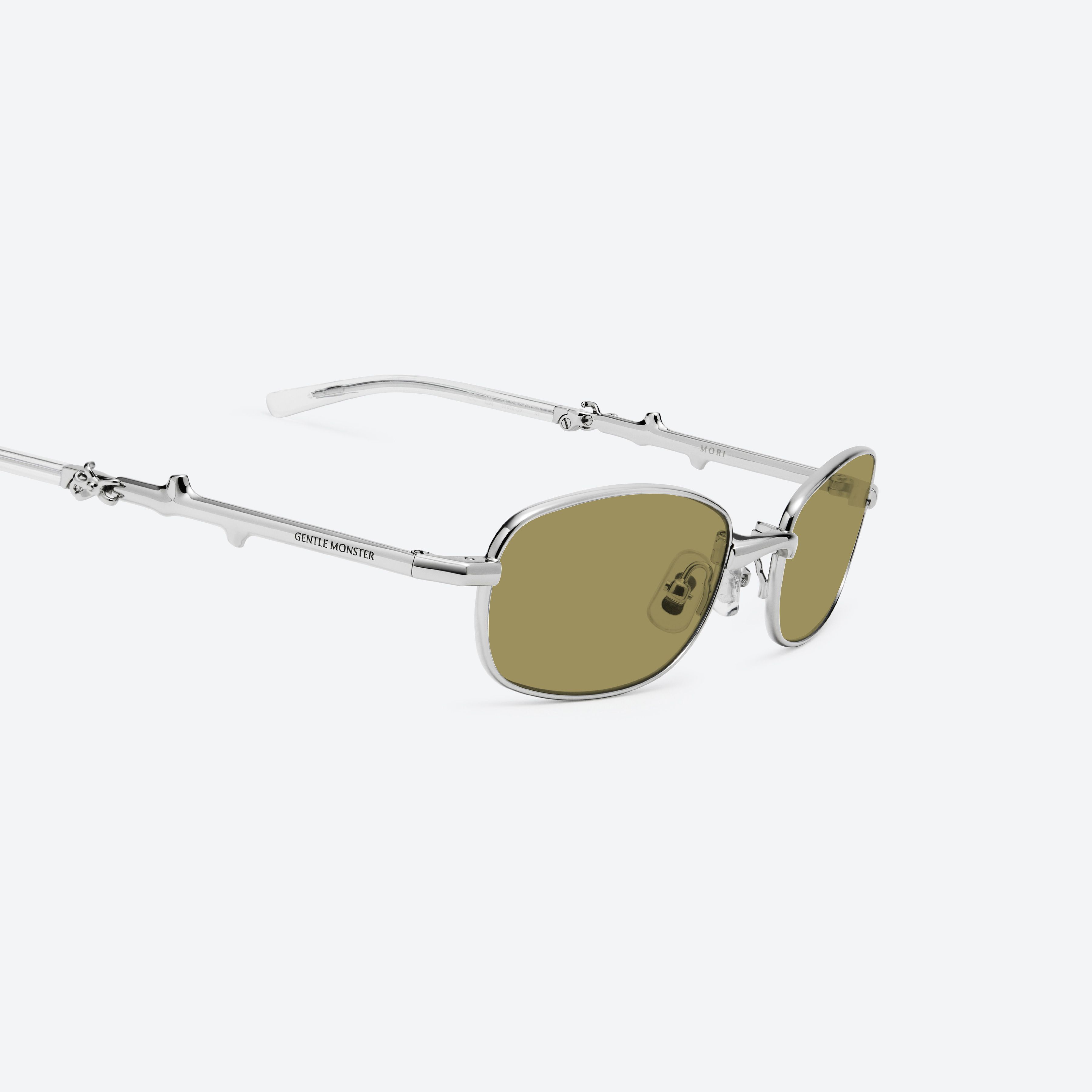 45-degree detailed view of Gentle Monster Mori 02(BR) Silver Metal framed Square sunglasses.