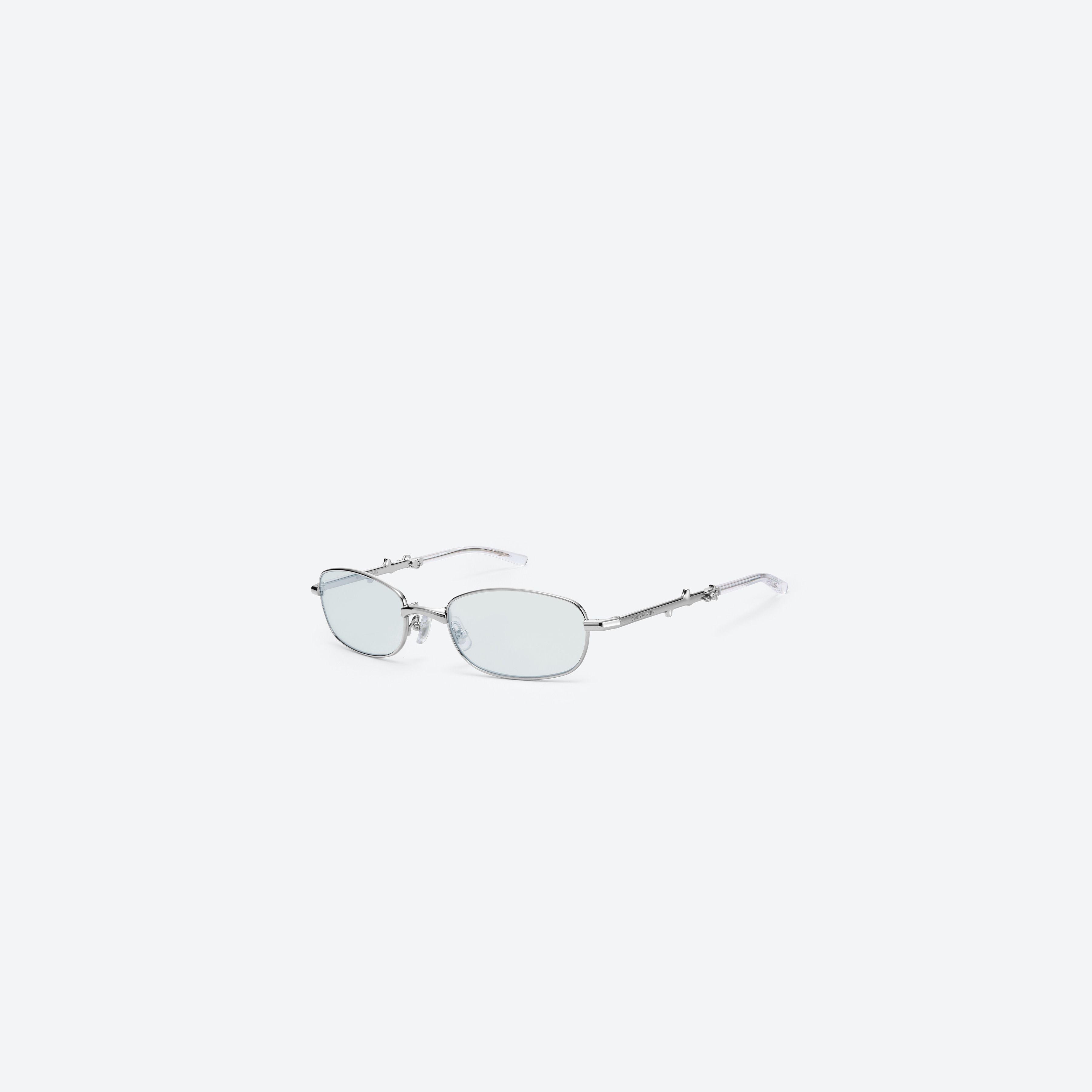 45-degree view of Gentle Monster Mori 02(GR) Silver Metal framed Square sunglasses.