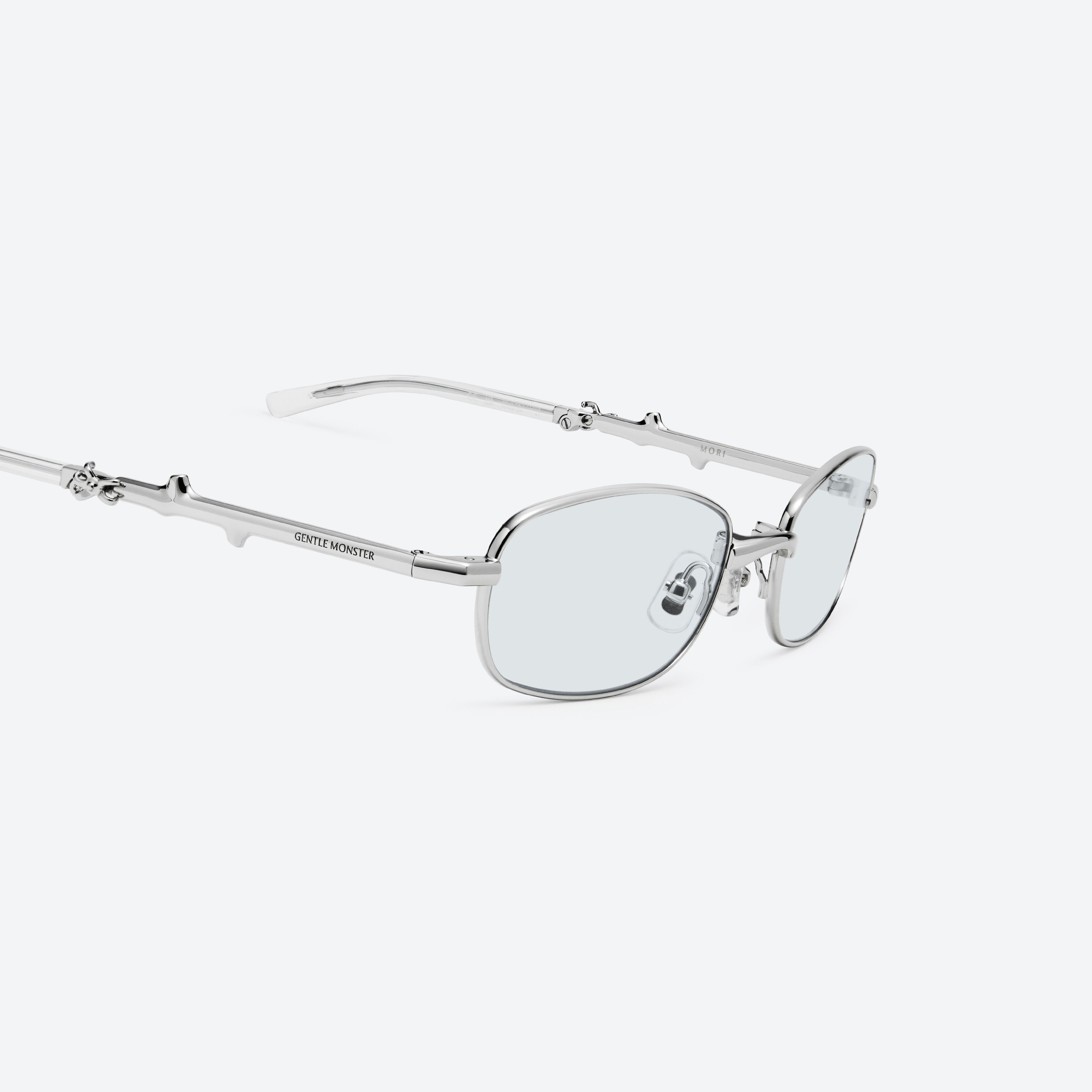 45-degree detailed view of Gentle Monster Mori 02(GR) Silver Metal framed Square sunglasses.