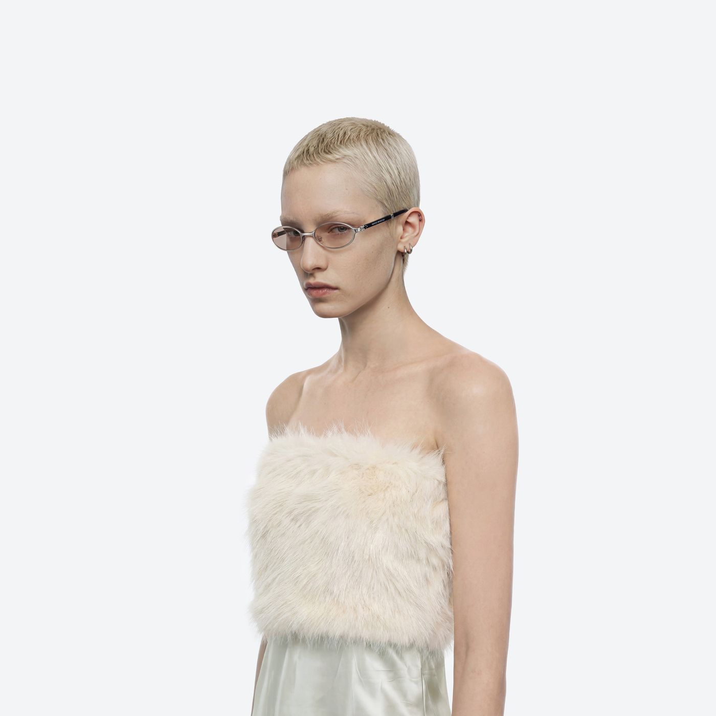 Model wearing the Oatt 02 Silver Mixed framed Oval sunglasses.