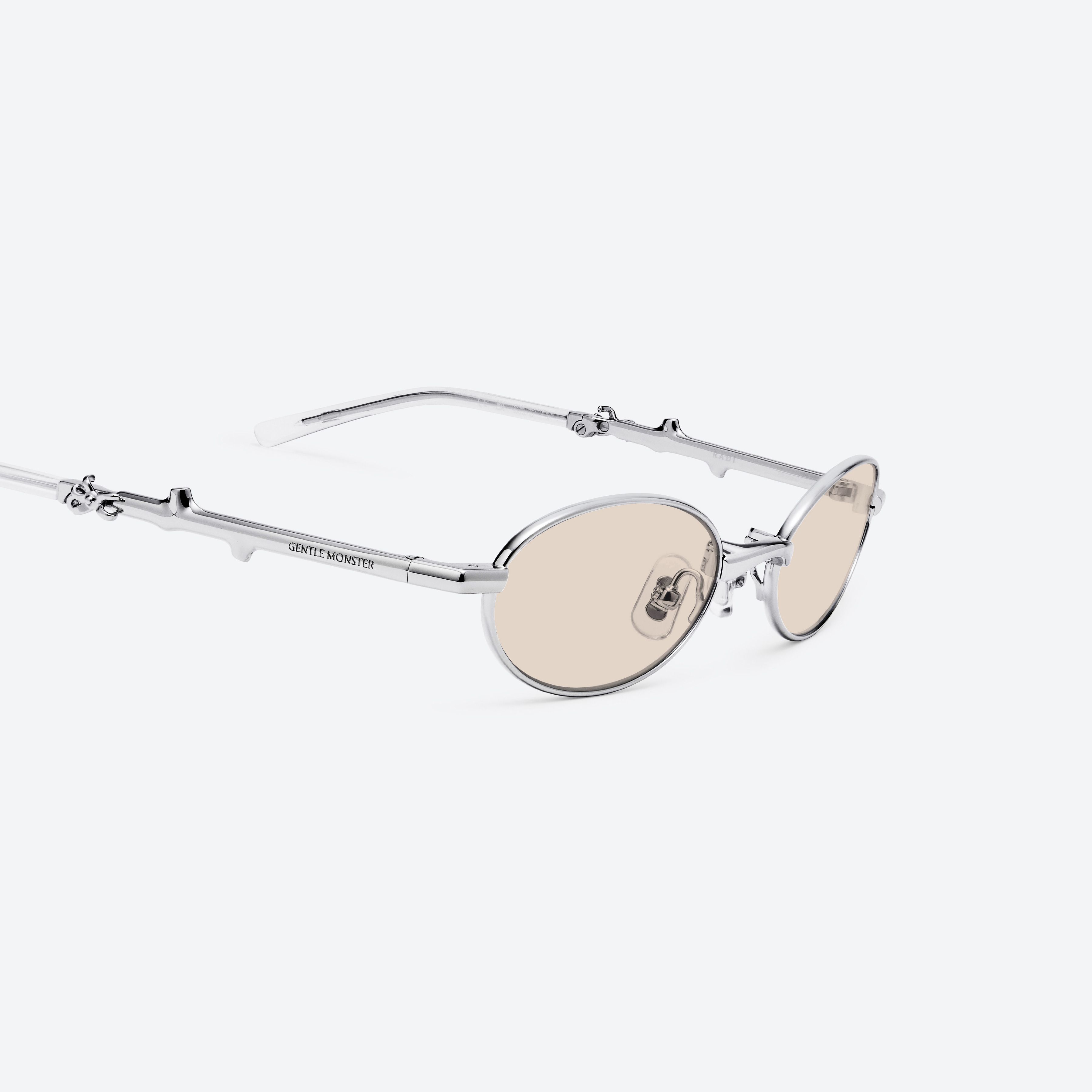 45-degree detailed view of Gentle Monster Radi 02(BR) Silver Metal framed Oval sunglasses.