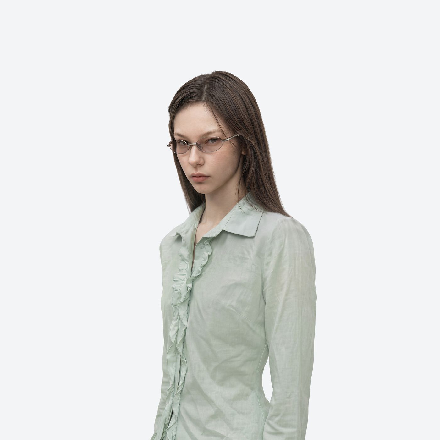 Model wearing the Radi 02(BR) Silver Metal framed Oval sunglasses.