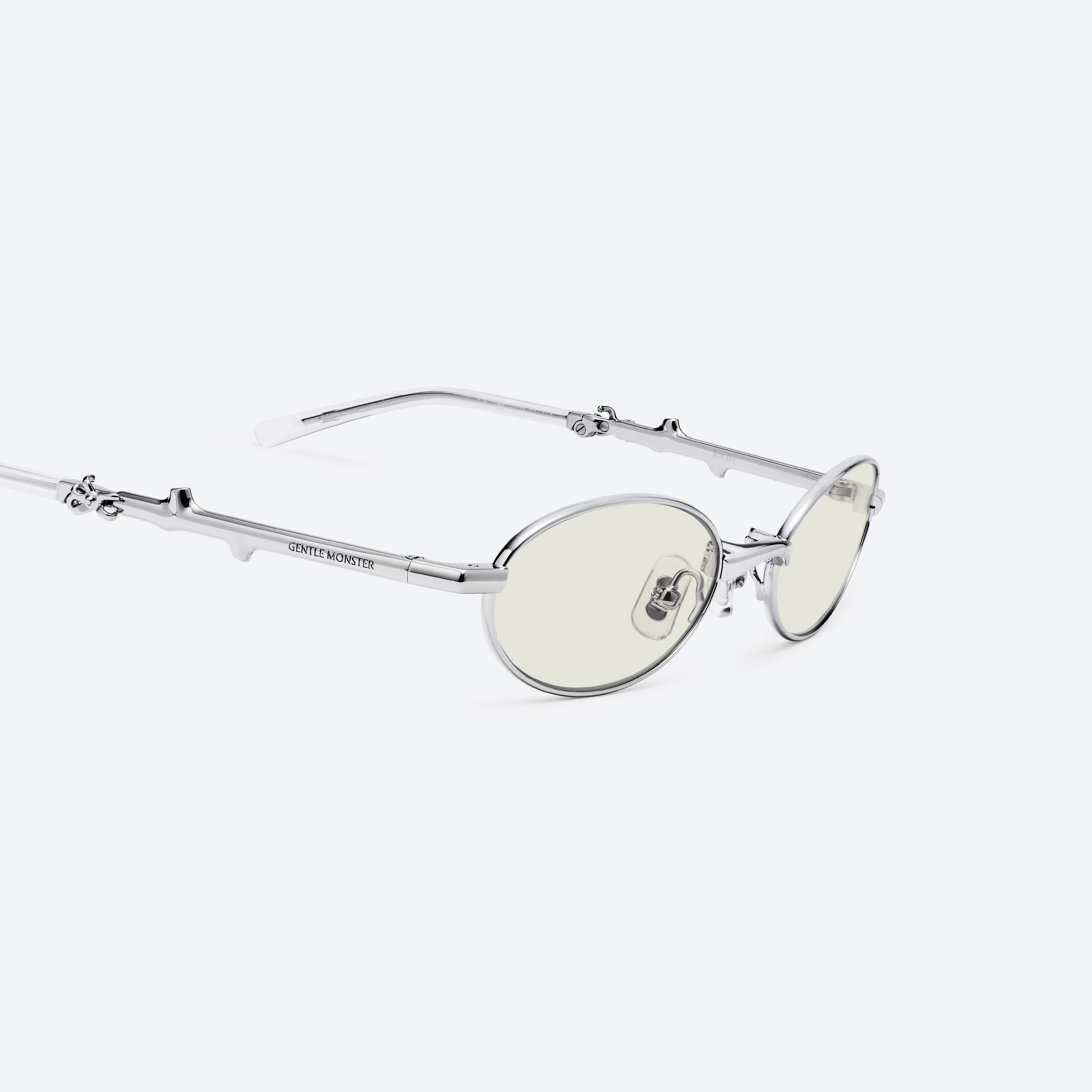 45-degree detailed view of Gentle Monster Radi 02(Y) Silver Metal framed Oval sunglasses.