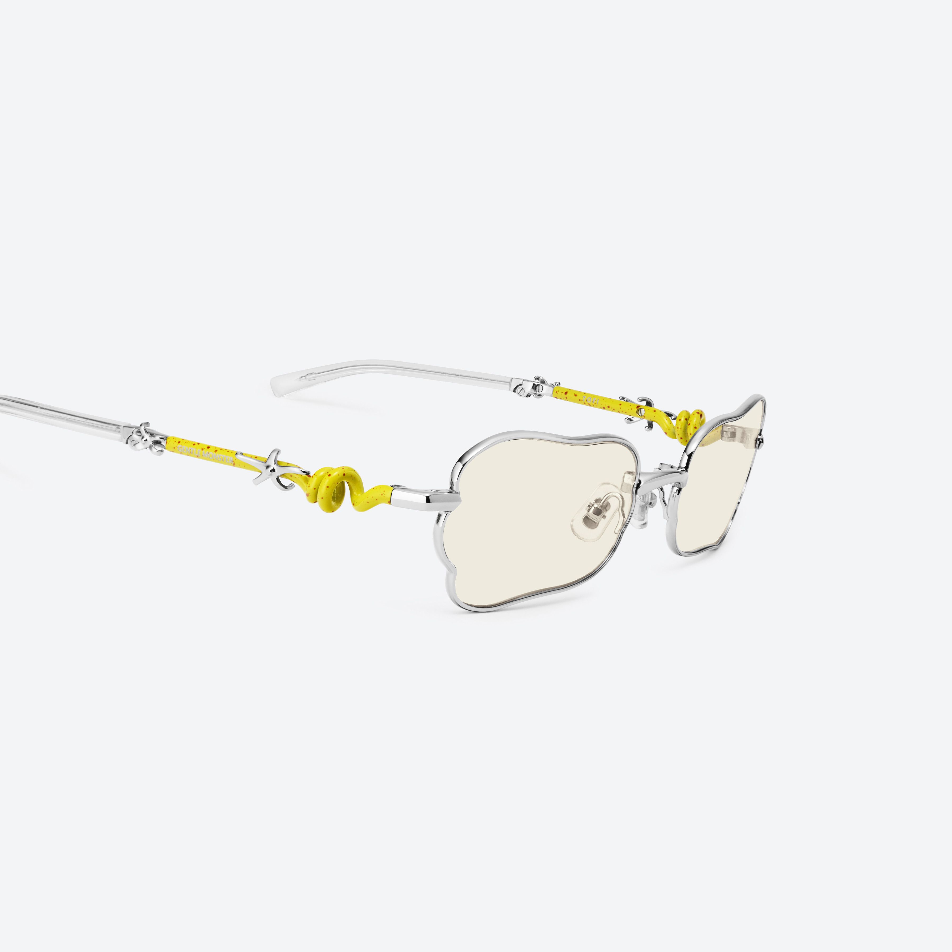 45-degree detailed view of Gentle Monster Tofi 02(CM) Silver Metal framed Square sunglasses.