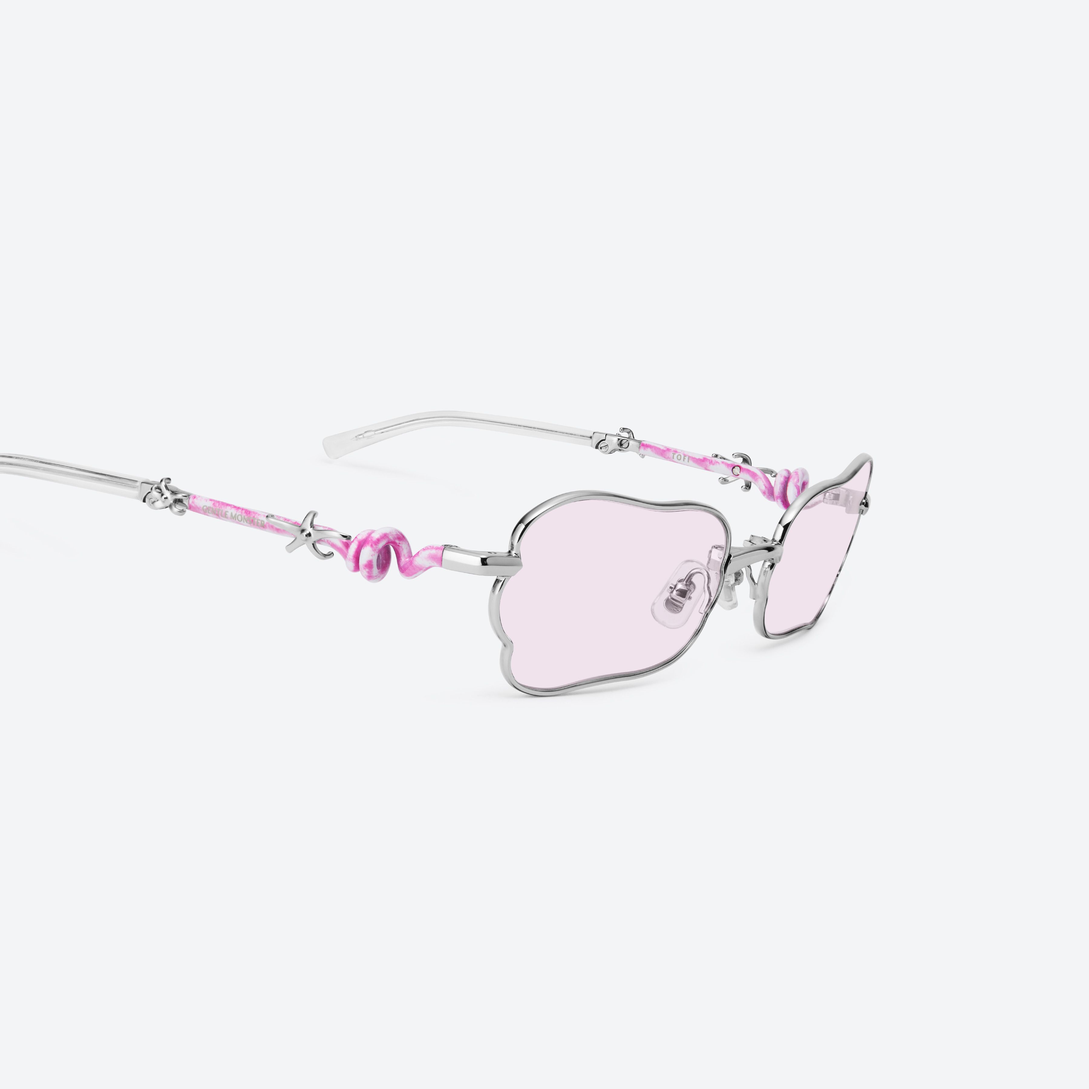 45-degree detailed view of Gentle Monster Tofi 02(R) Silver Metal framed Square sunglasses.