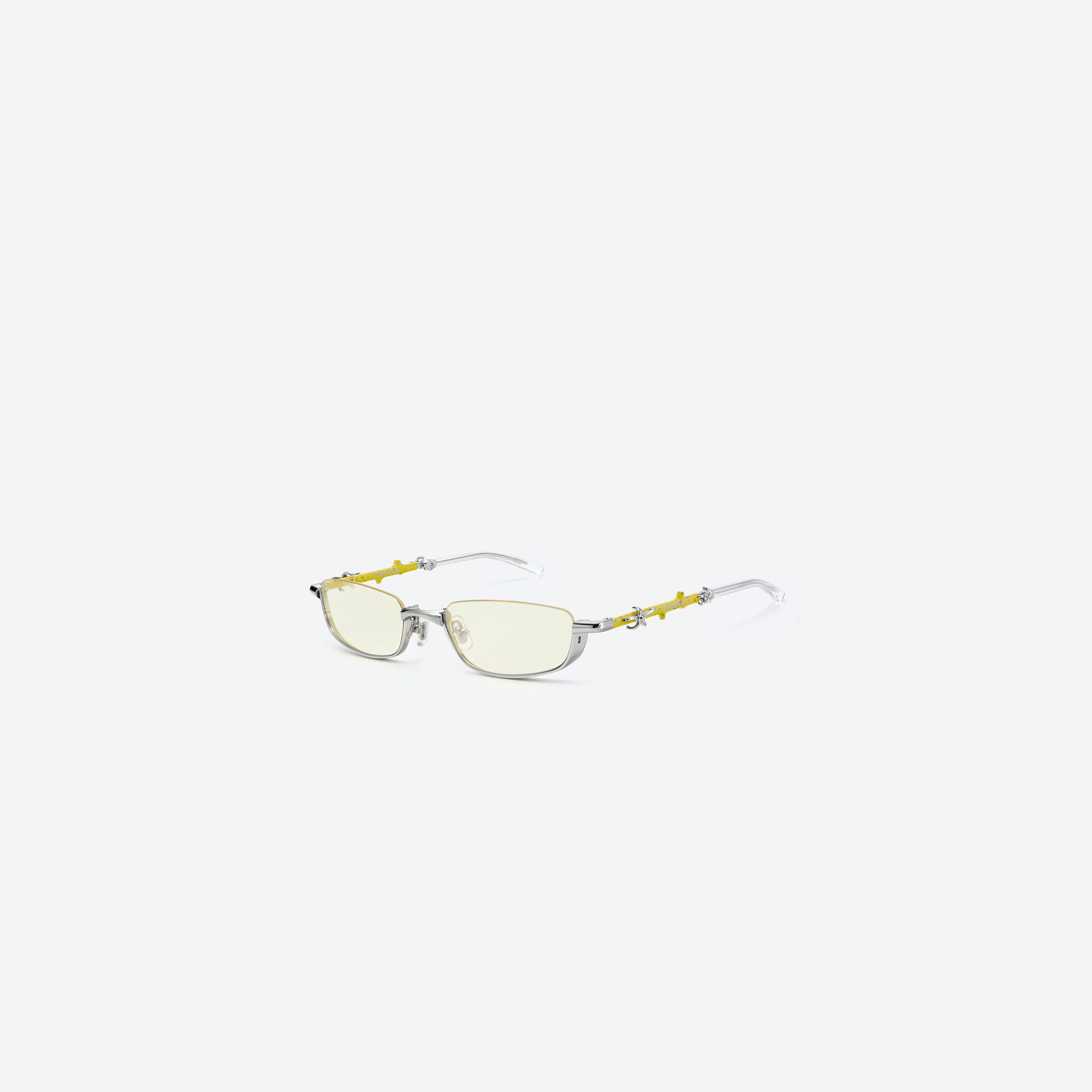 45-degree view of Gentle Monster Vert 02(Y) Silver Metal framed Square sunglasses.