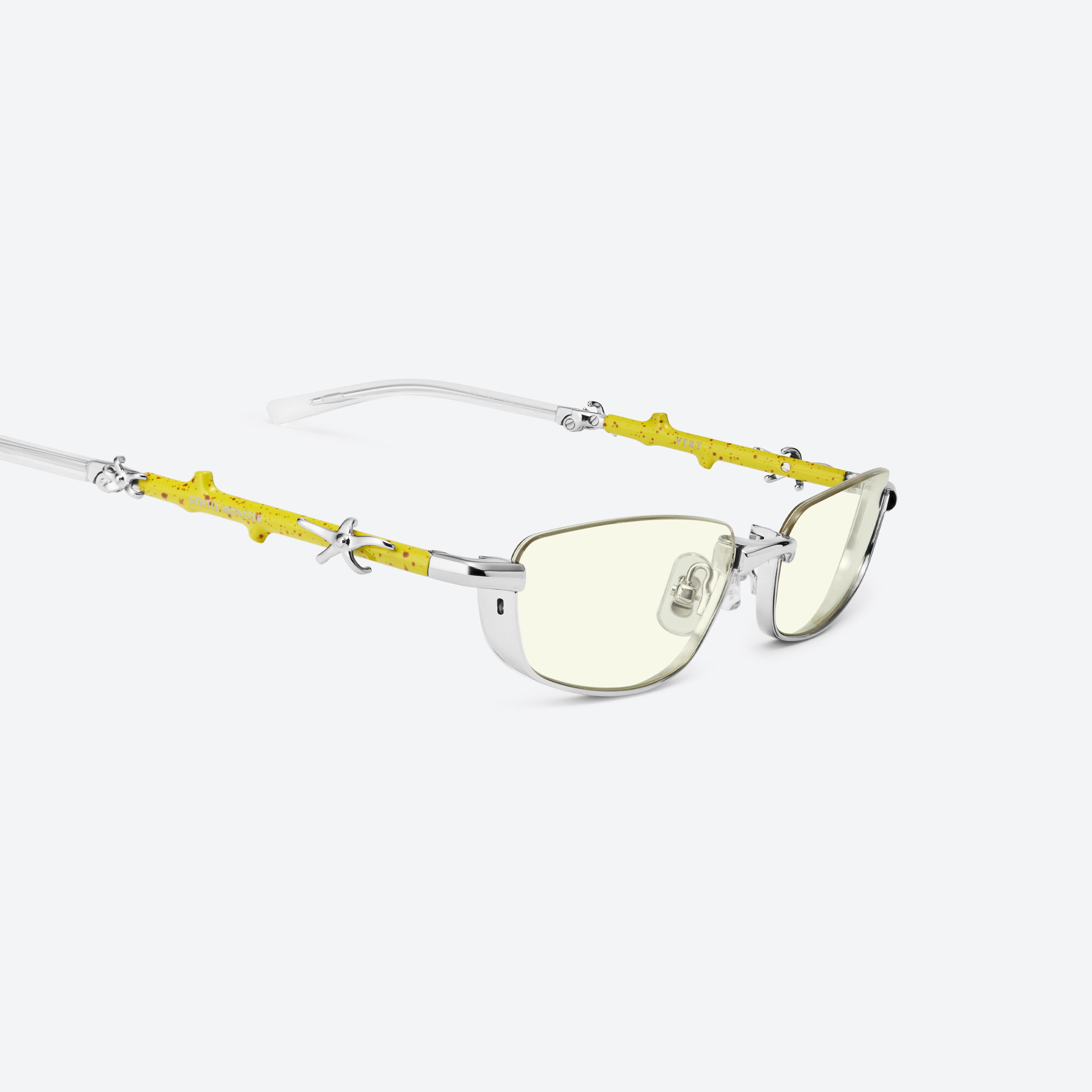 45-degree detailed view of Gentle Monster Vert 02(Y) Silver Metal framed Square sunglasses.