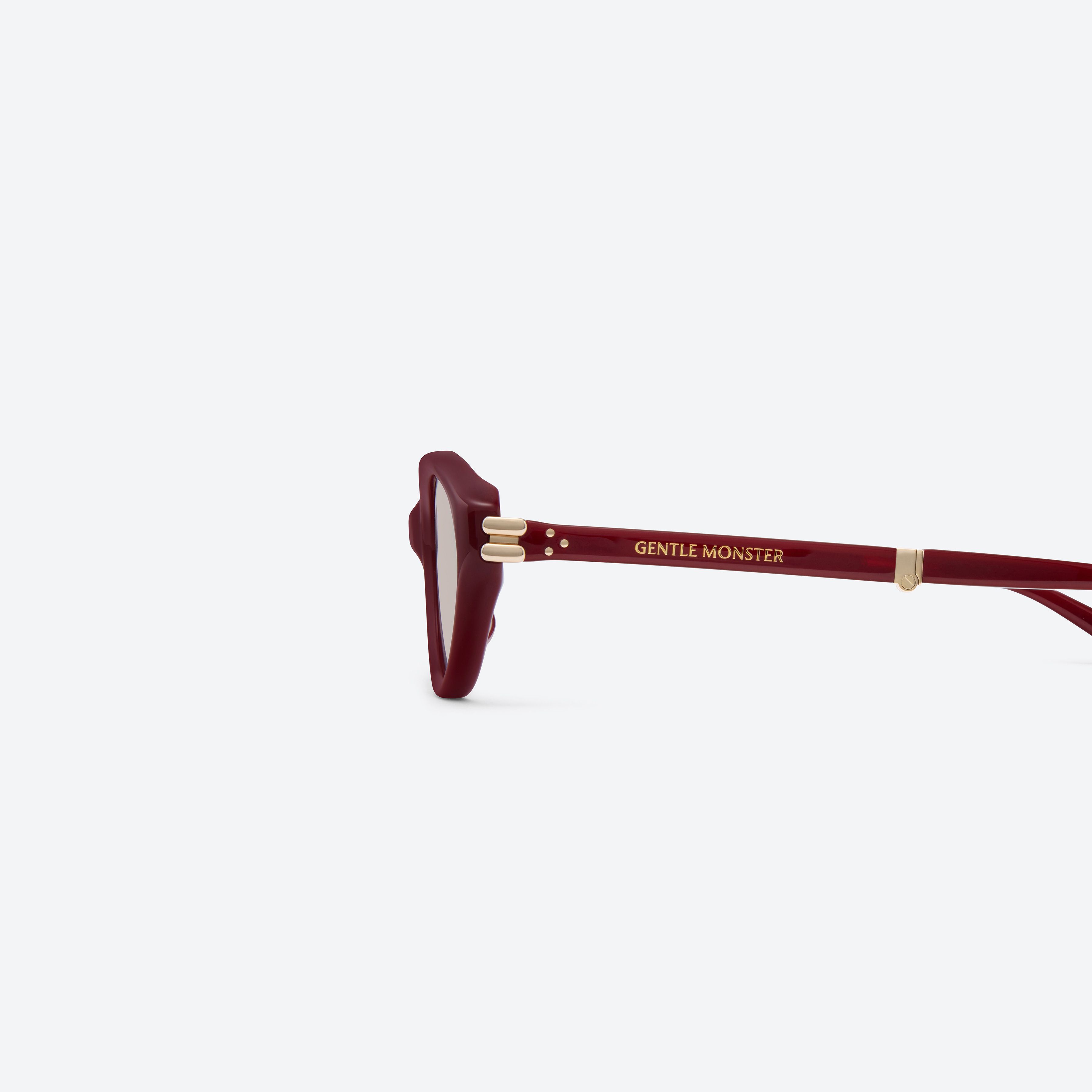 A detailed left view of Gentle Monster Zest R8 Red Acetate framed Oval sunglasses.