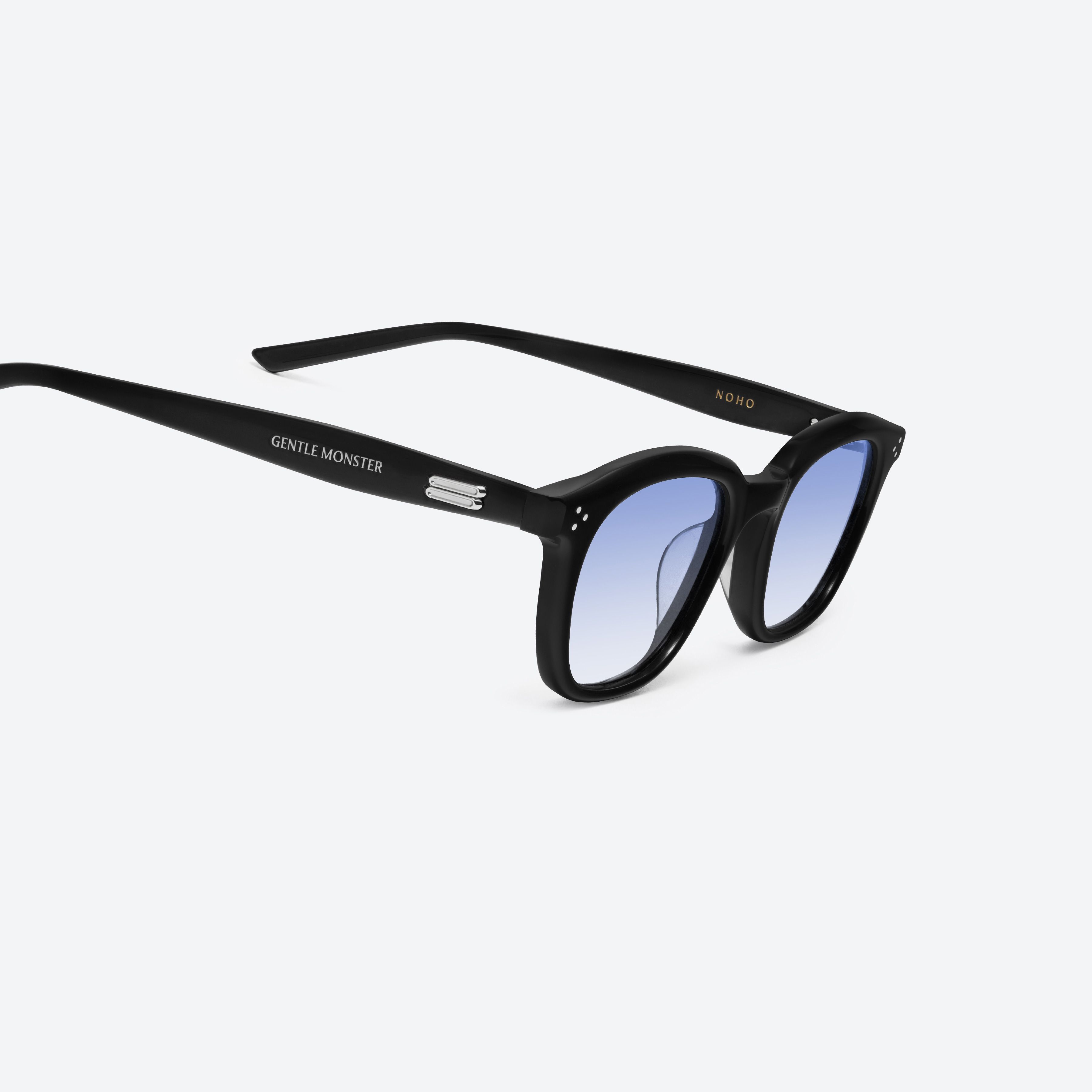 45-degree detailed view of Gentle Monster Noho 01(BLG) Black Acetate framed Round sunglasses.
