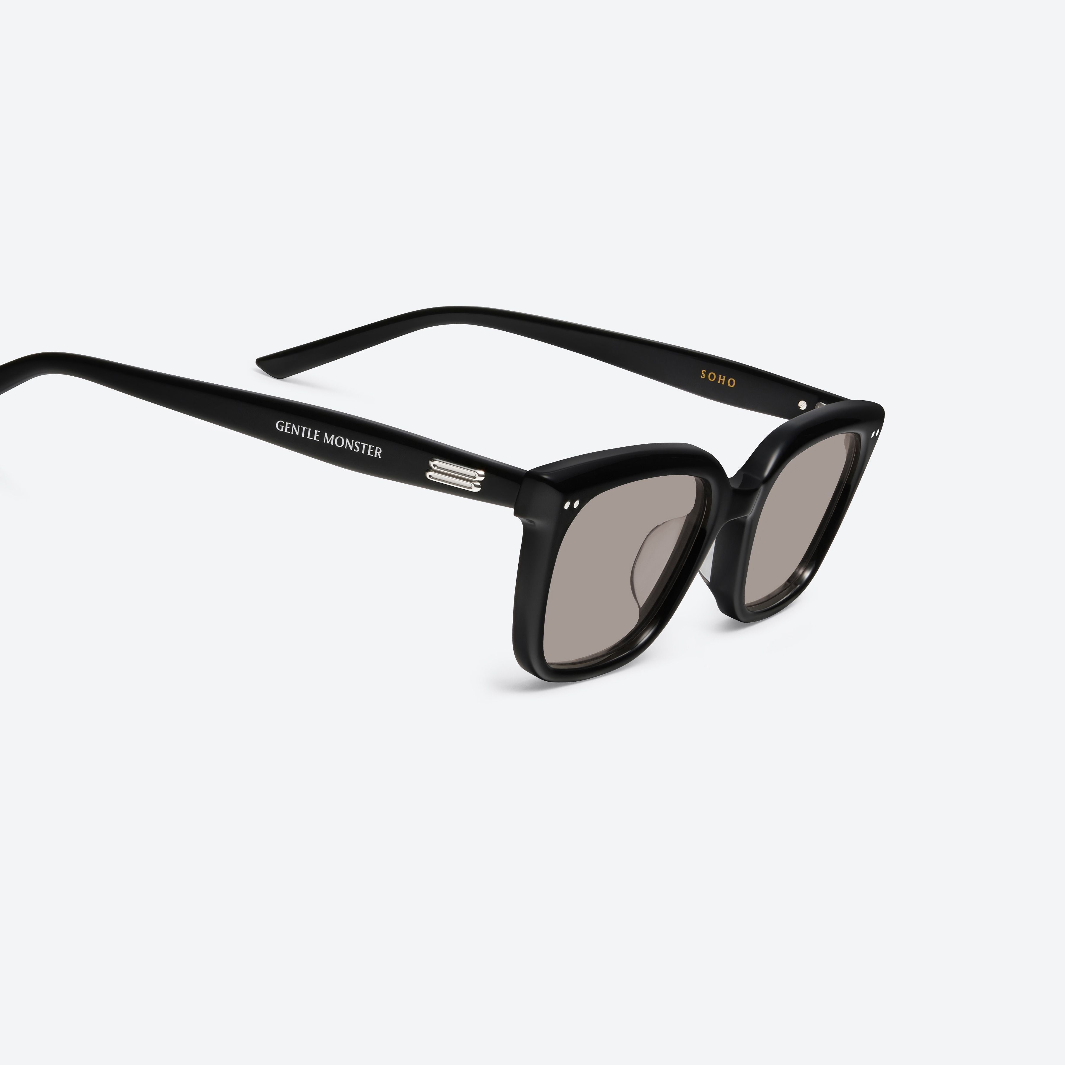 45-degree detailed view of Gentle Monster Soho 01(G) Black Acetate framed Square sunglasses.