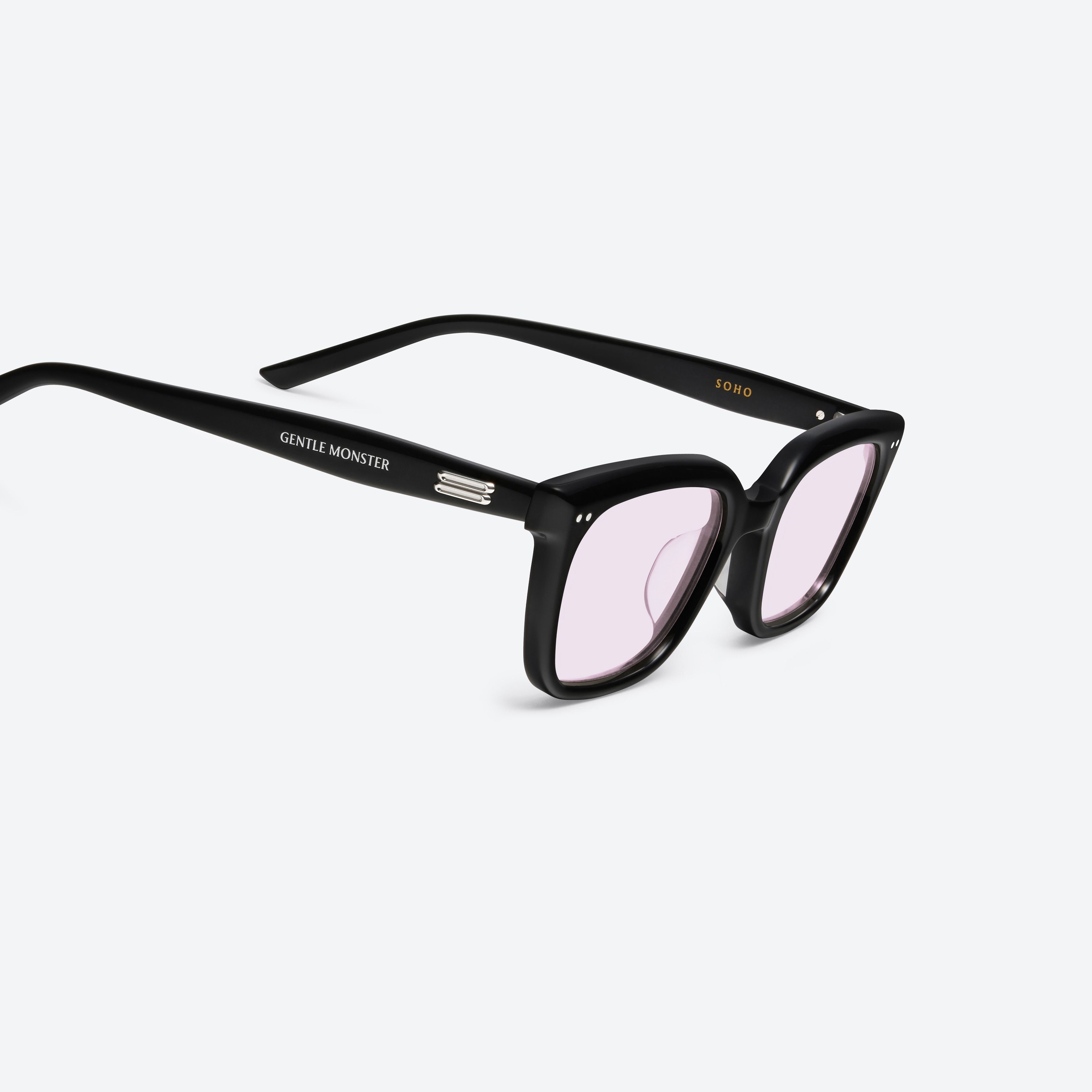 45-degree detailed view of Gentle Monster SOHO 01(LV) Similar Black Acetate framed Square sunglasses.