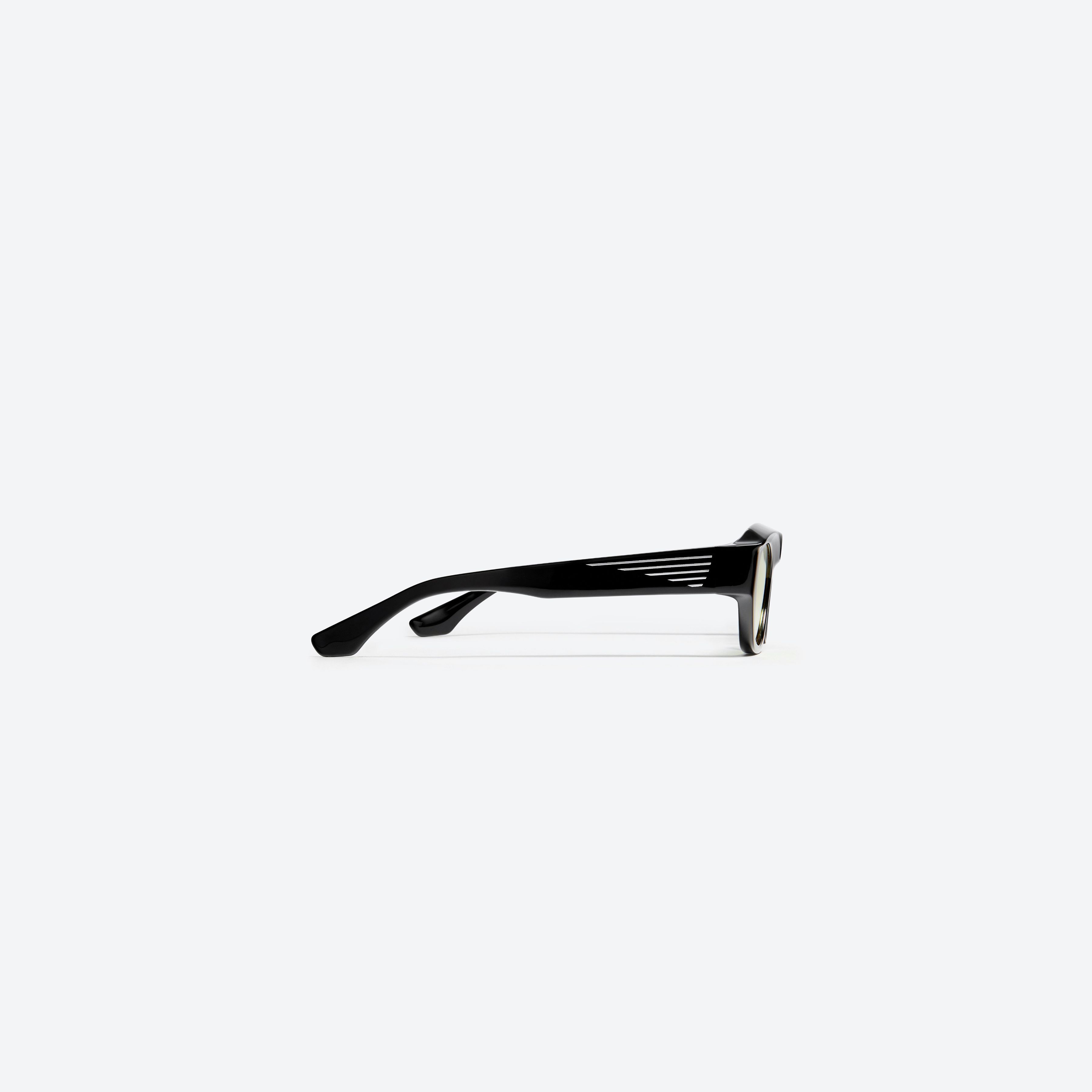 A detailed right view of Gentle Monster Coperni - 5G 01(Y) Black Acetate framed Wraparound sunglasses.