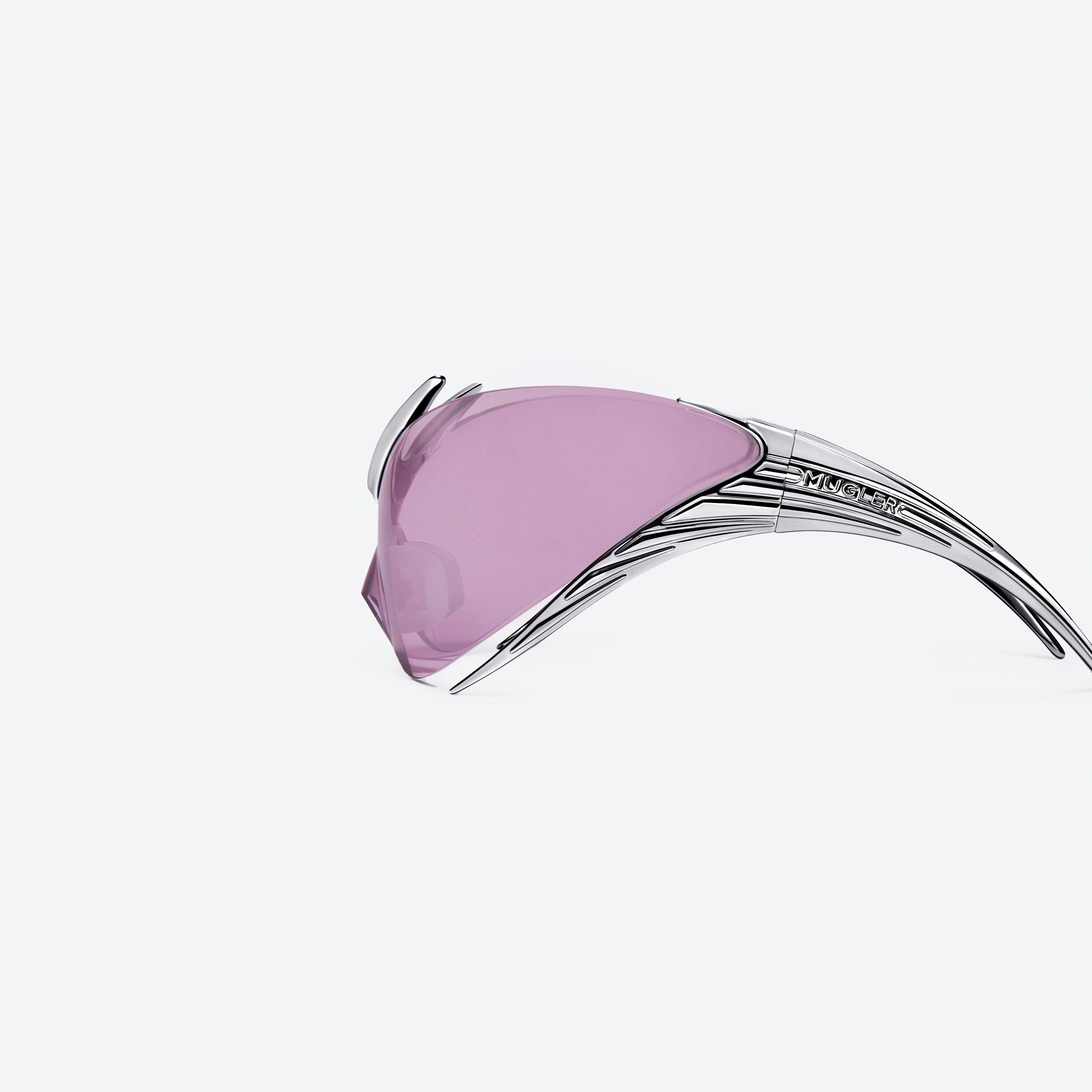 A detailed left view of Gentle Monster Mugler - Spiral 01 CS1 Silver Nylon framed Wraparound sunglasses.