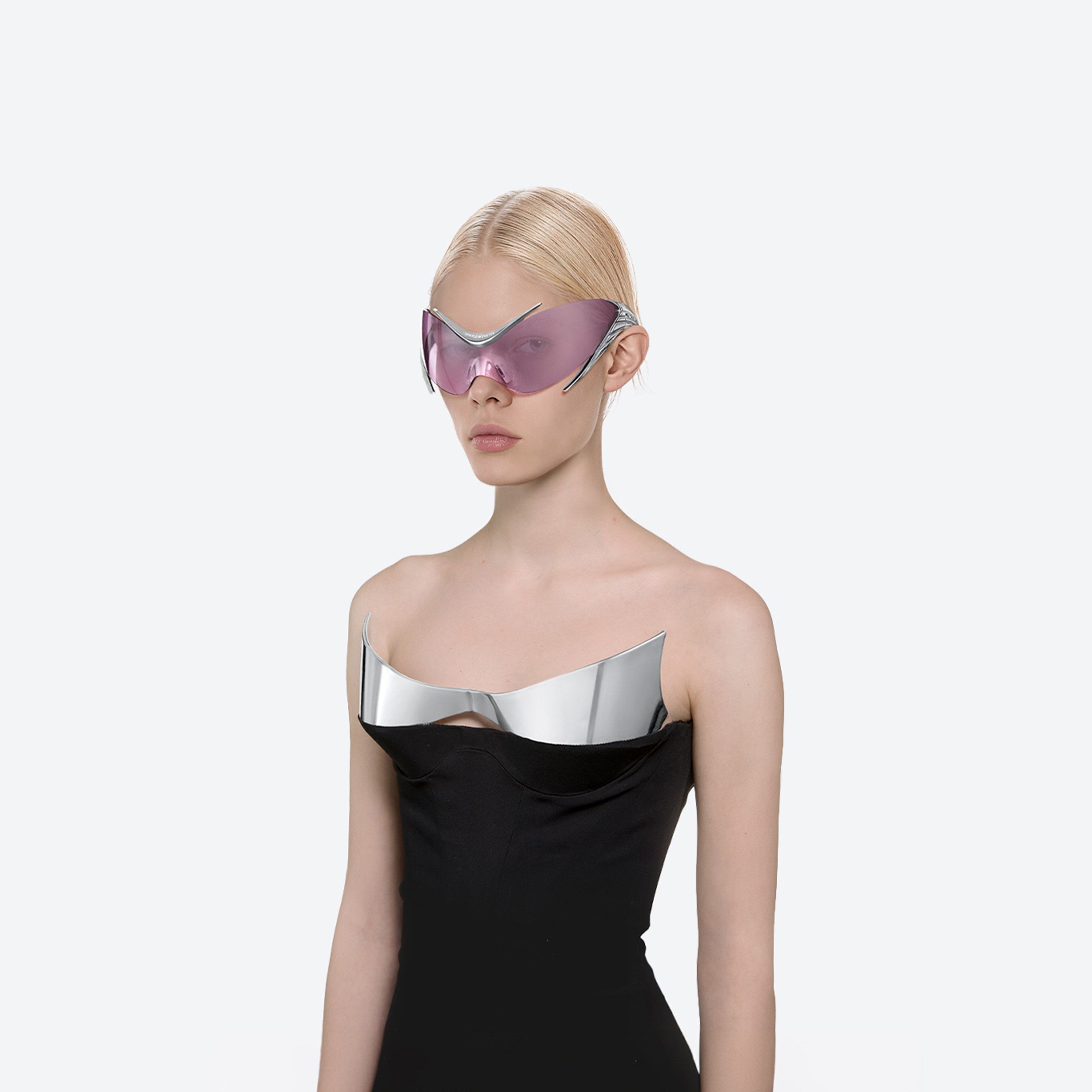 Model wearing the Mugler - Spiral 01 CS1 Silver Nylon framed Wraparound sunglasses.