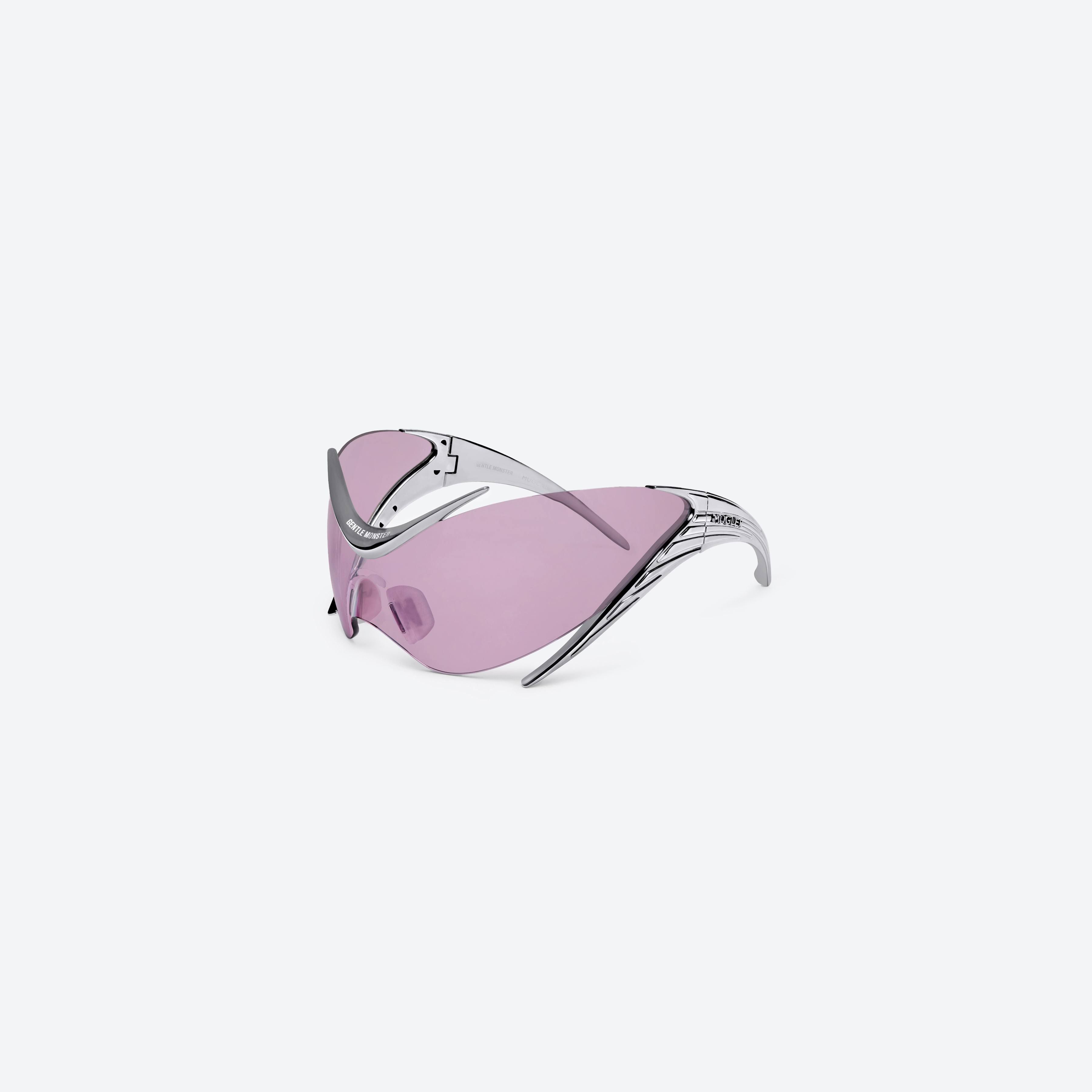 45-degree view of Gentle Monster Mugler - Spiral 01 CS1 Silver Nylon framed Wraparound sunglasses.