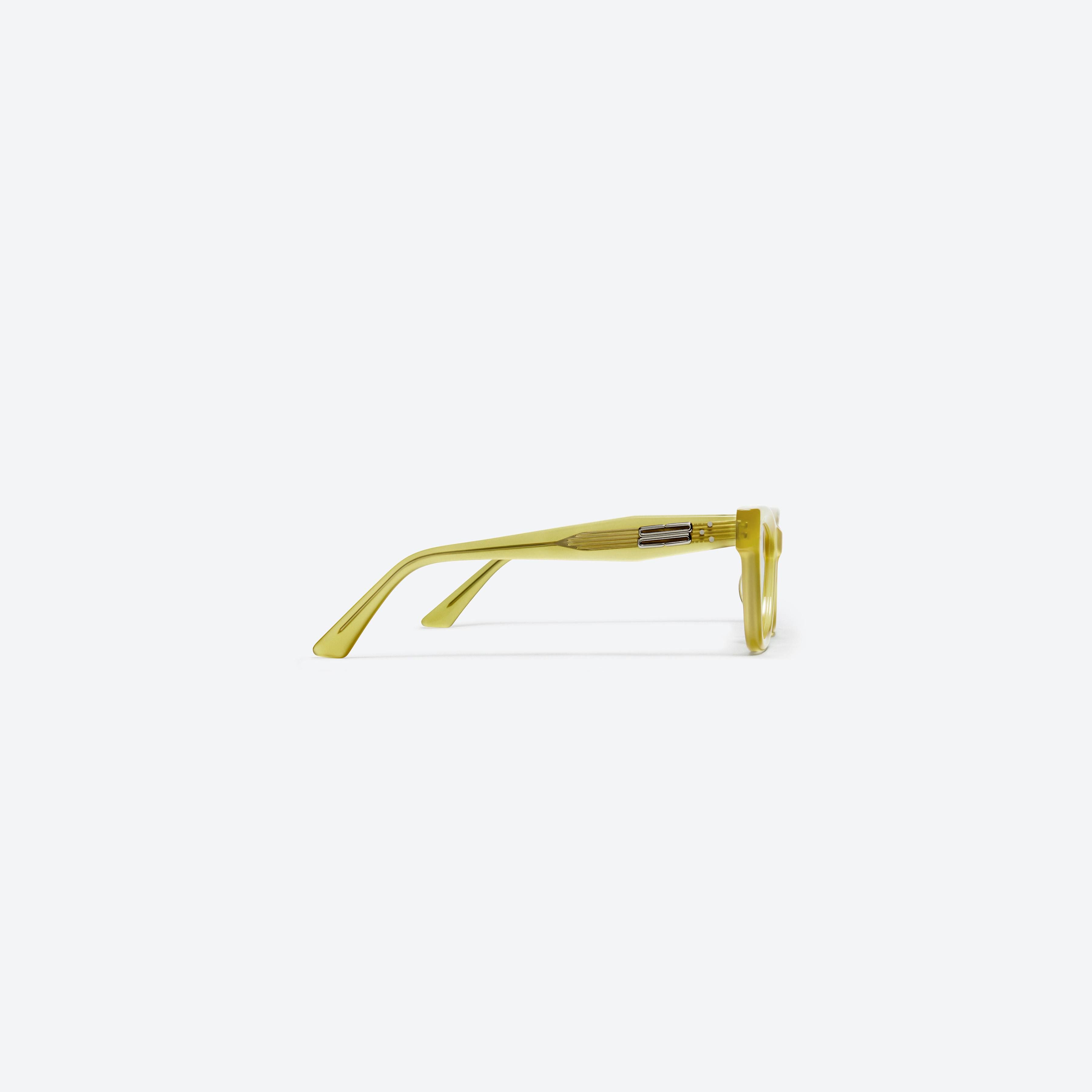 A detailed right view of Gentle Monster Milo OL3 Green Acetate framed Cat-eye sunglasses.